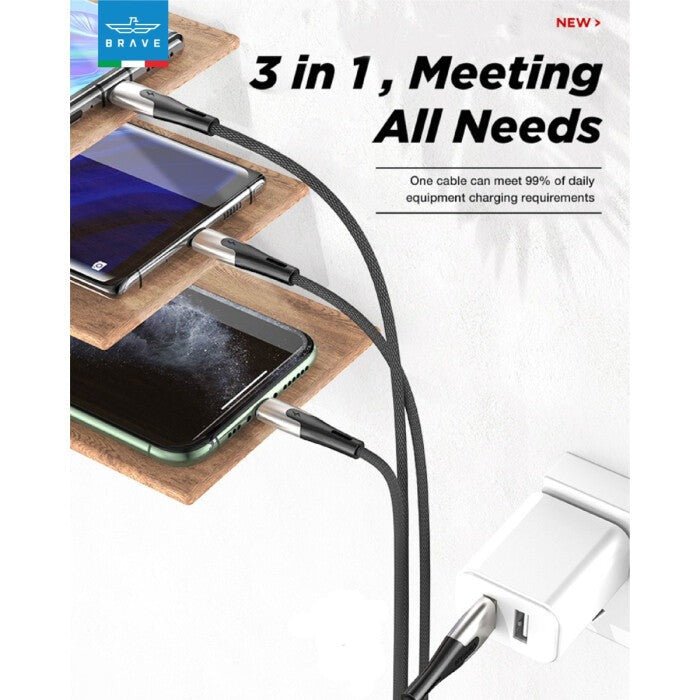 Brave Zinc 3 in 1 Charging Cable Micro + Lightning + Type-C 0.37m - Black