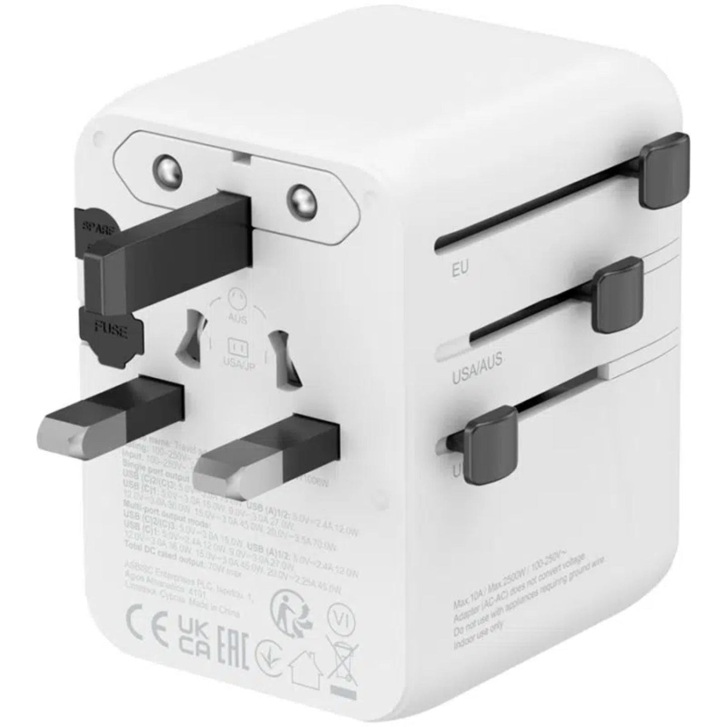CANYON ONTOUR 70W PD Universal Travel Adapter 3USB-C 2USB-A and EU/UK/US/AUS - White