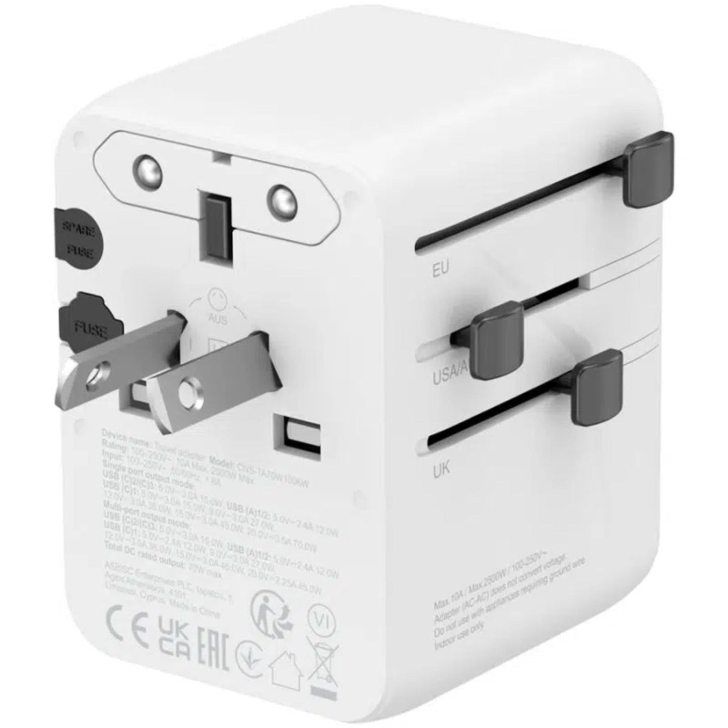 CANYON ONTOUR 70W PD Universal Travel Adapter 3USB-C 2USB-A and EU/UK/US/AUS - White