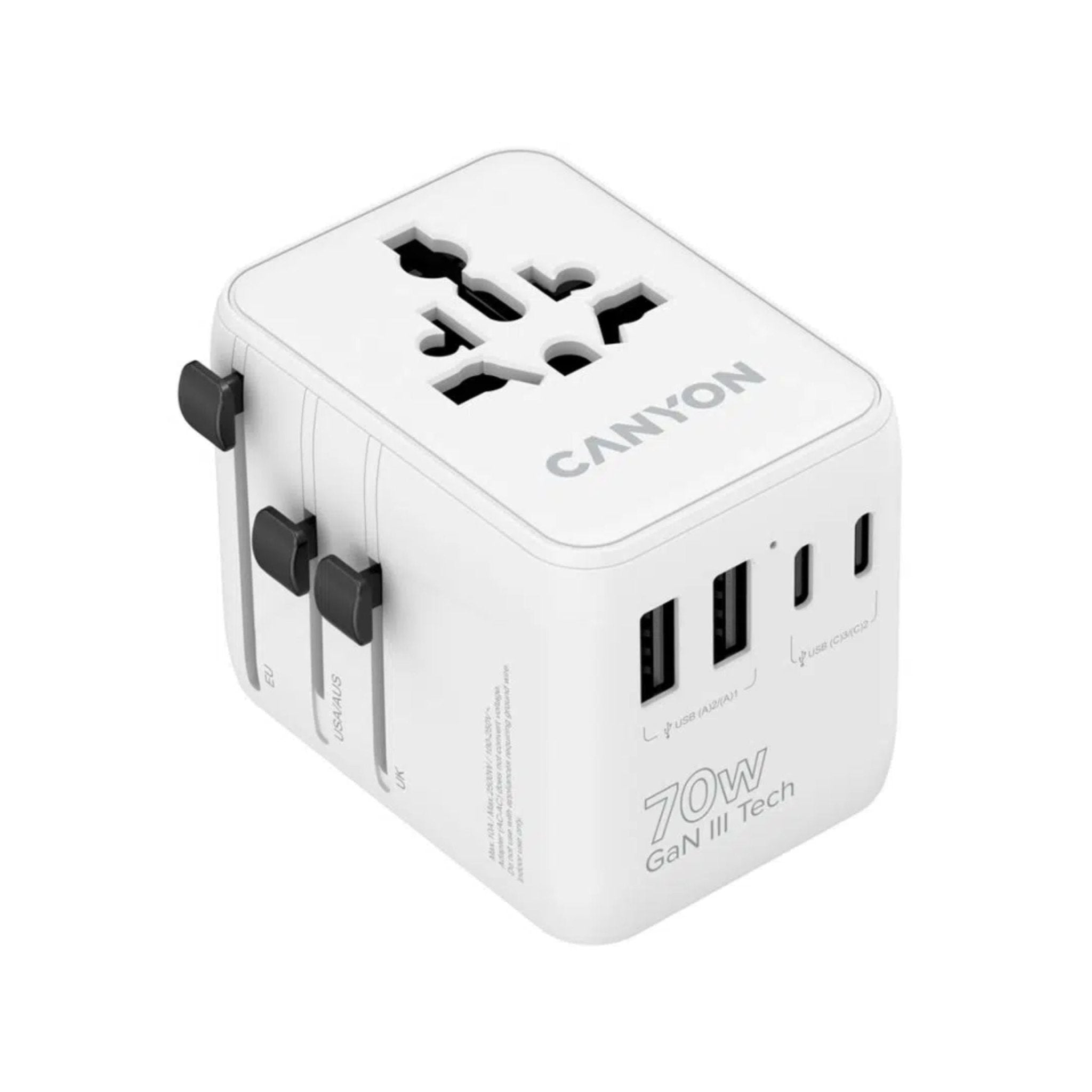 CANYON ONTOUR 70W PD Universal Travel Adapter 3USB-C 2USB-A and EU/UK/US/AUS - White