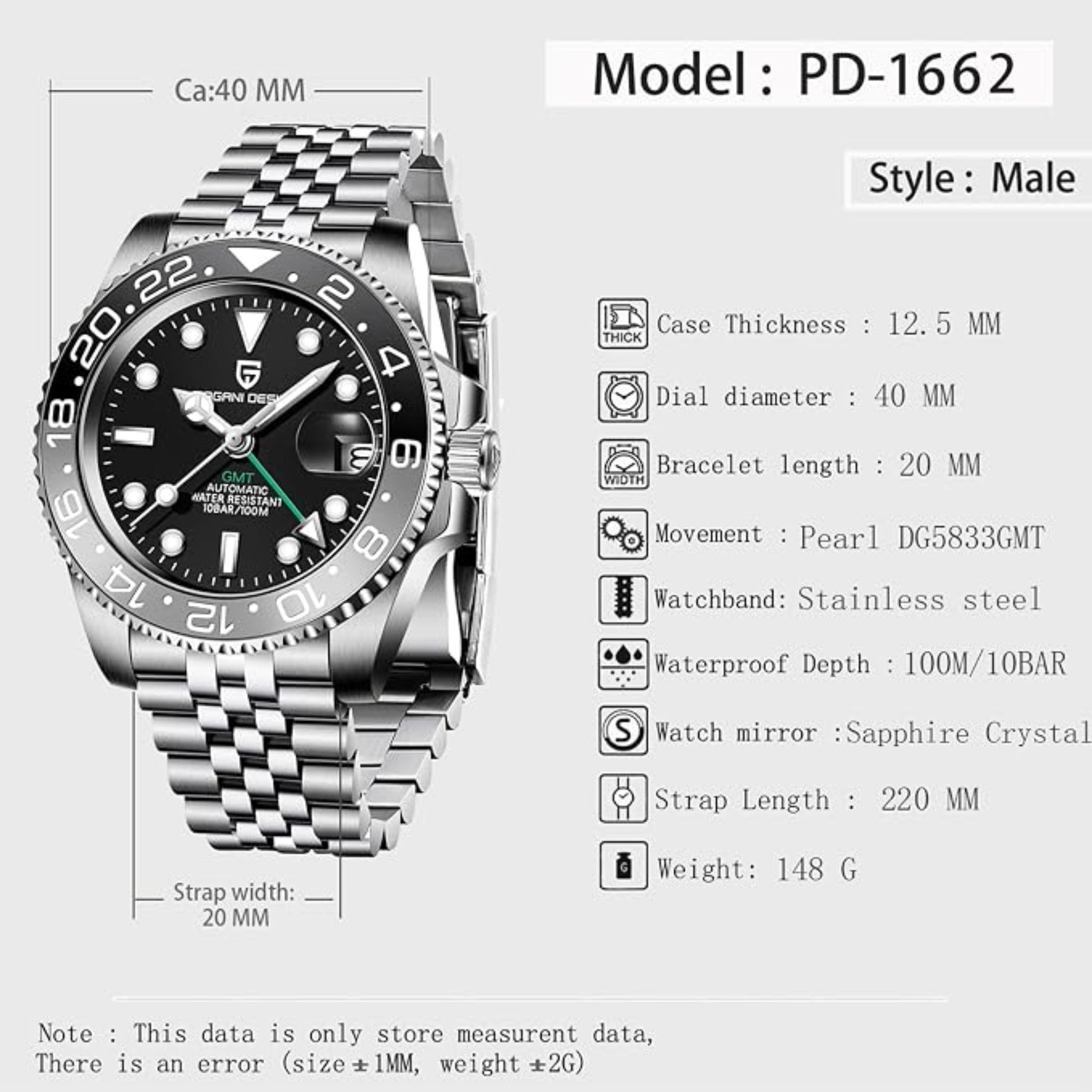 PAGANI DESIGN GMT Automatic Mechanical Men's Watch - Black