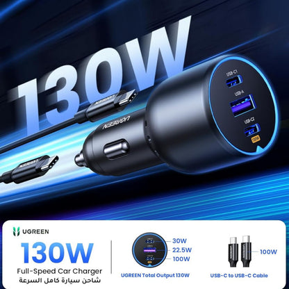 UGREEN 130W 3-Port Fast Car Charger with 100W Cable - Black