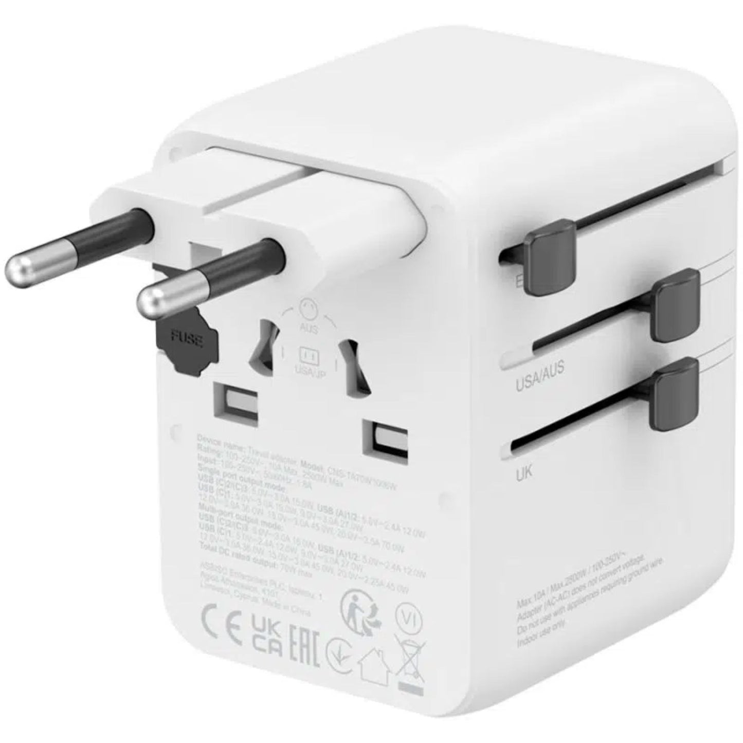 CANYON ONTOUR 70W PD Universal Travel Adapter 3USB-C 2USB-A and EU/UK/US/AUS - White