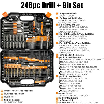 Electric 21V Powerful Cordless Drill Set with 2 Batteries & 246-Pieces Drill Set