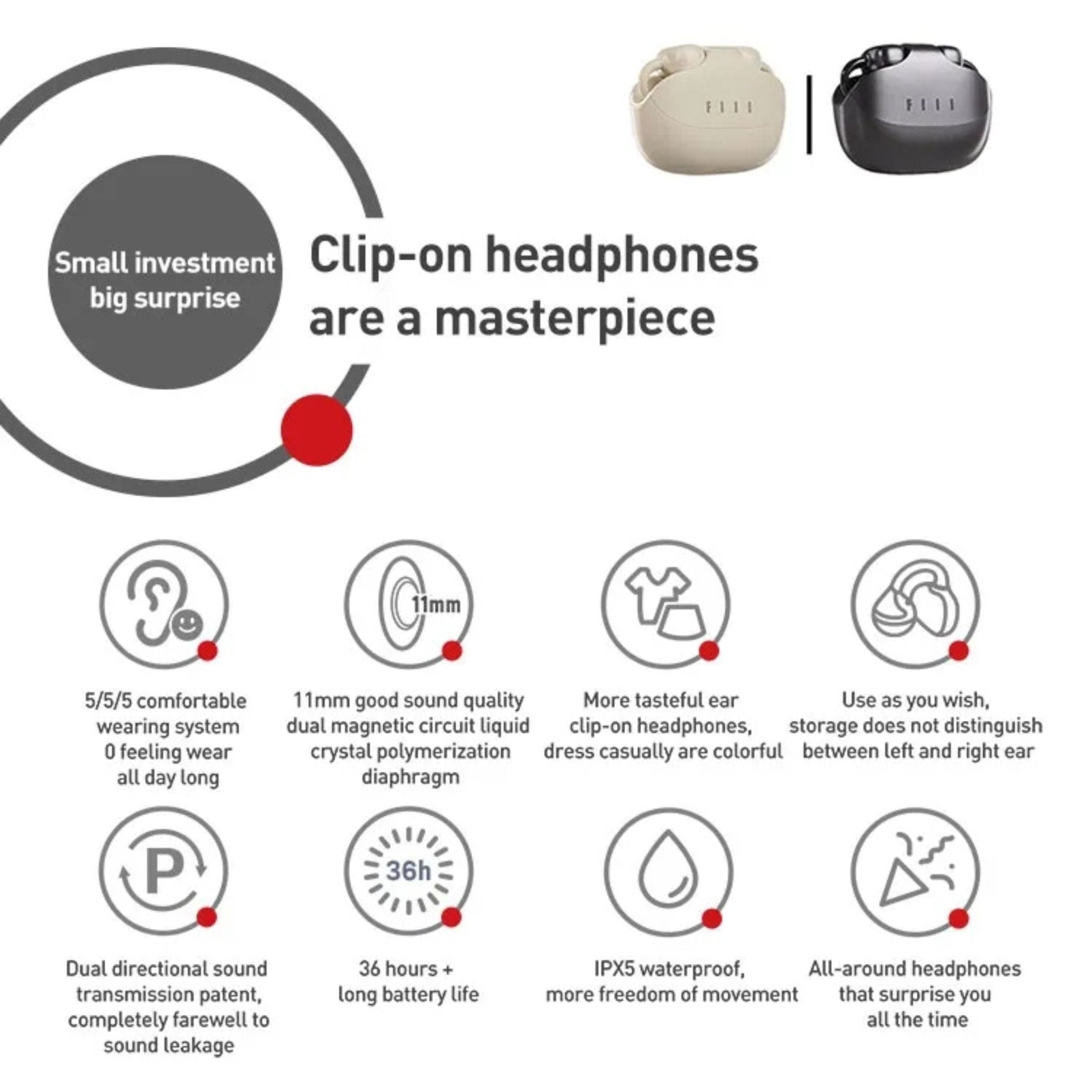 FIIL Atom Wireless Headphones Ear Clip Bluetooth Earbuds