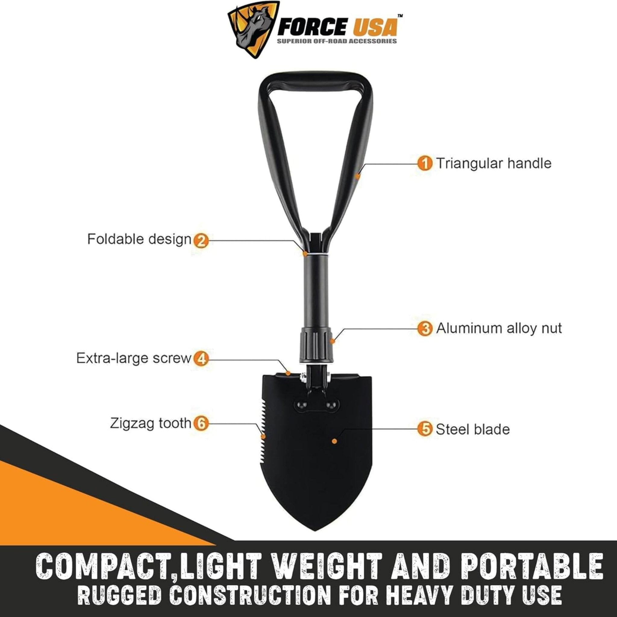 FORCE USA Mini Folding Shovel High Carbon Steel (58CM) SH002 - Black