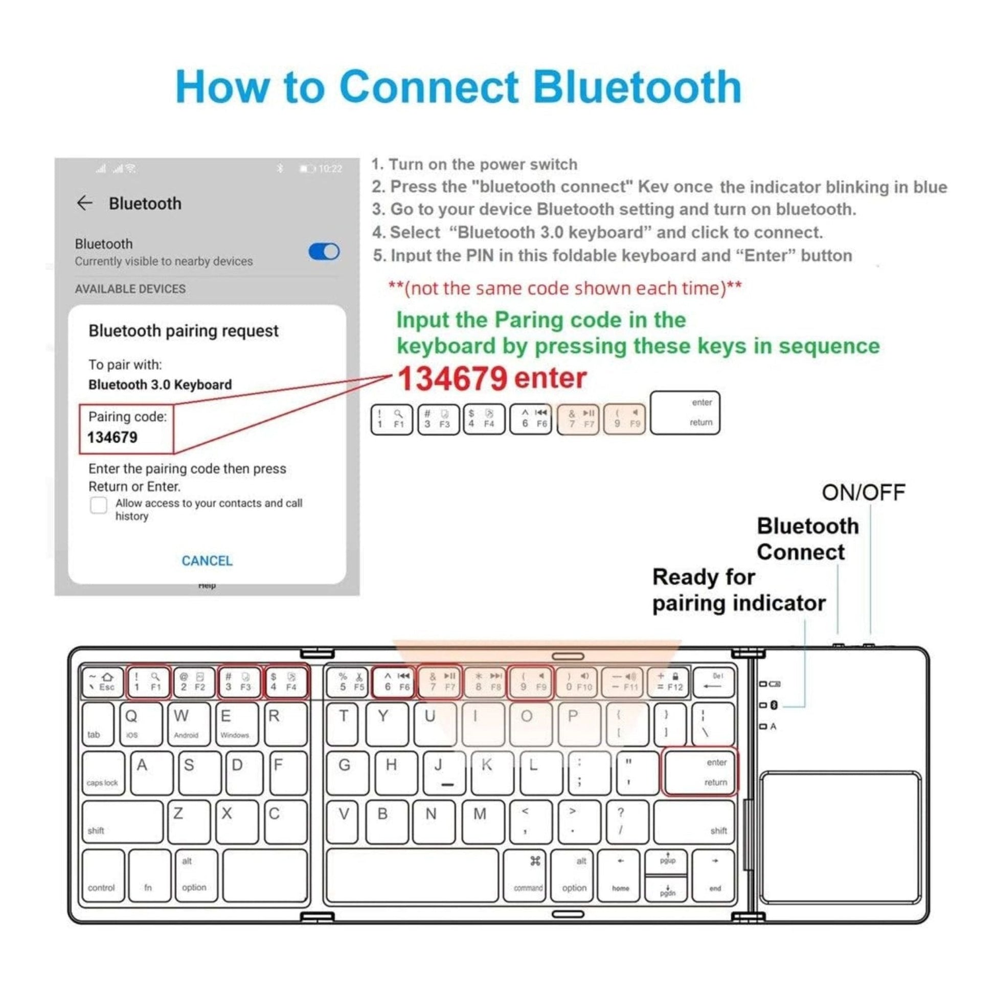 Foldable Bluetooth Keyboard With Touchpad B033 - Black