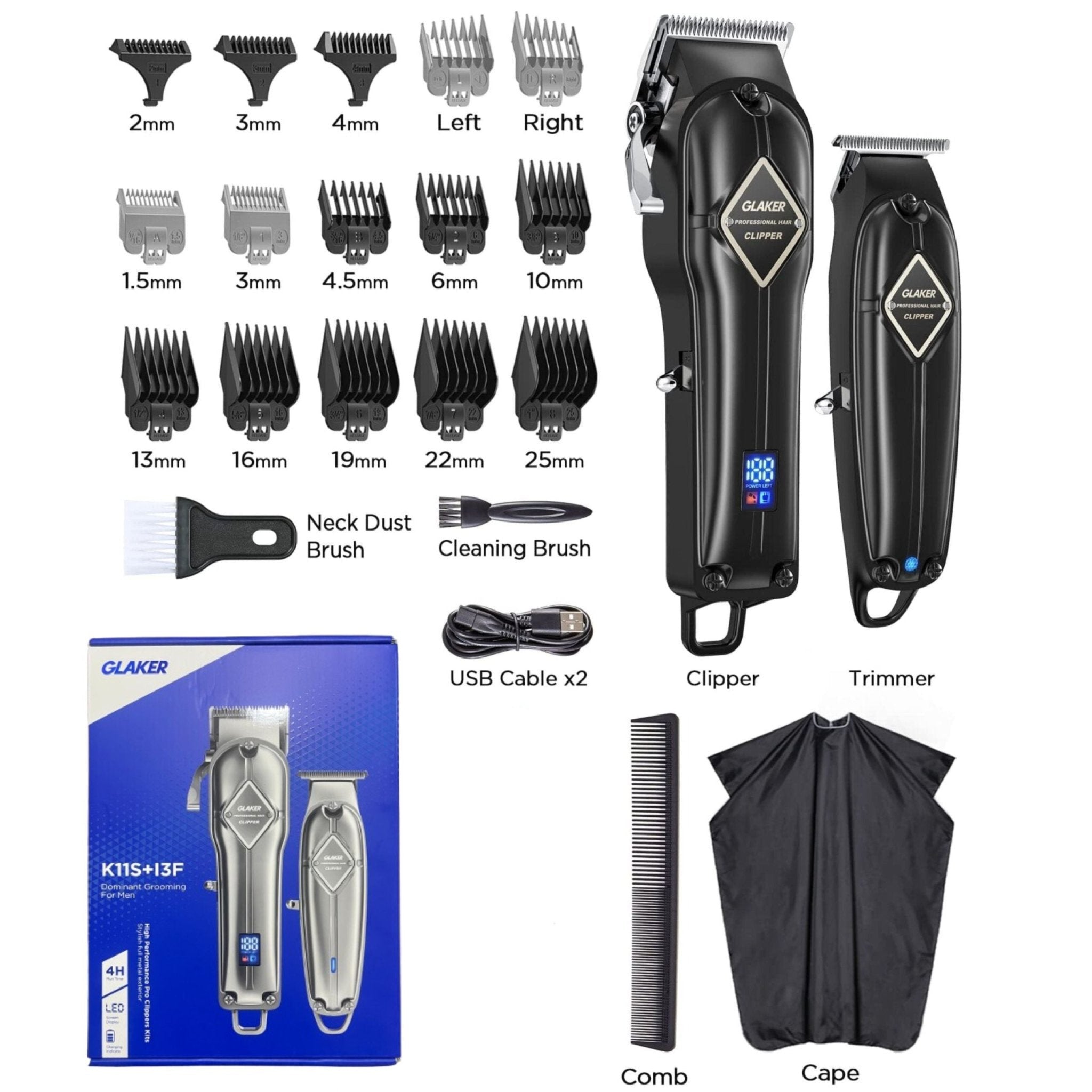 Glaker Professional Hair Clipper and Outline Trimmer Kit K11S + I3F - 2 - Black