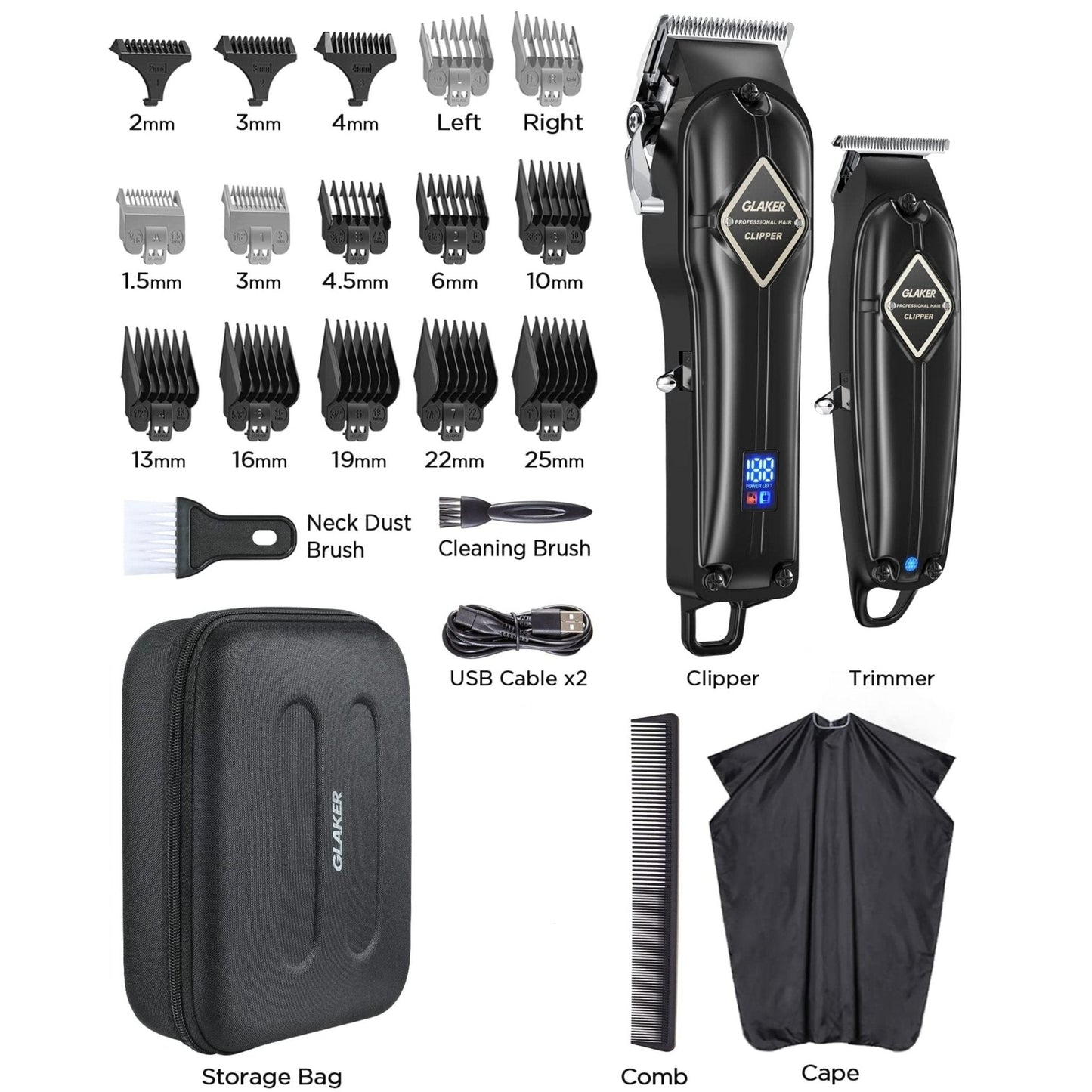 Glaker Professional Hair Clipper and Outline Trimmer Kit K11S + I3F - Black