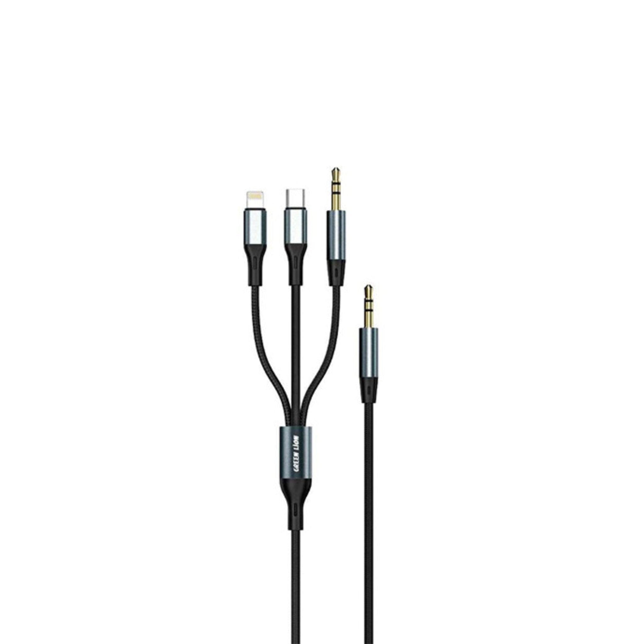 Green Lion 3 in 1 AUX Cable ( AUX / Lightning / USB-C ) 1M - Black