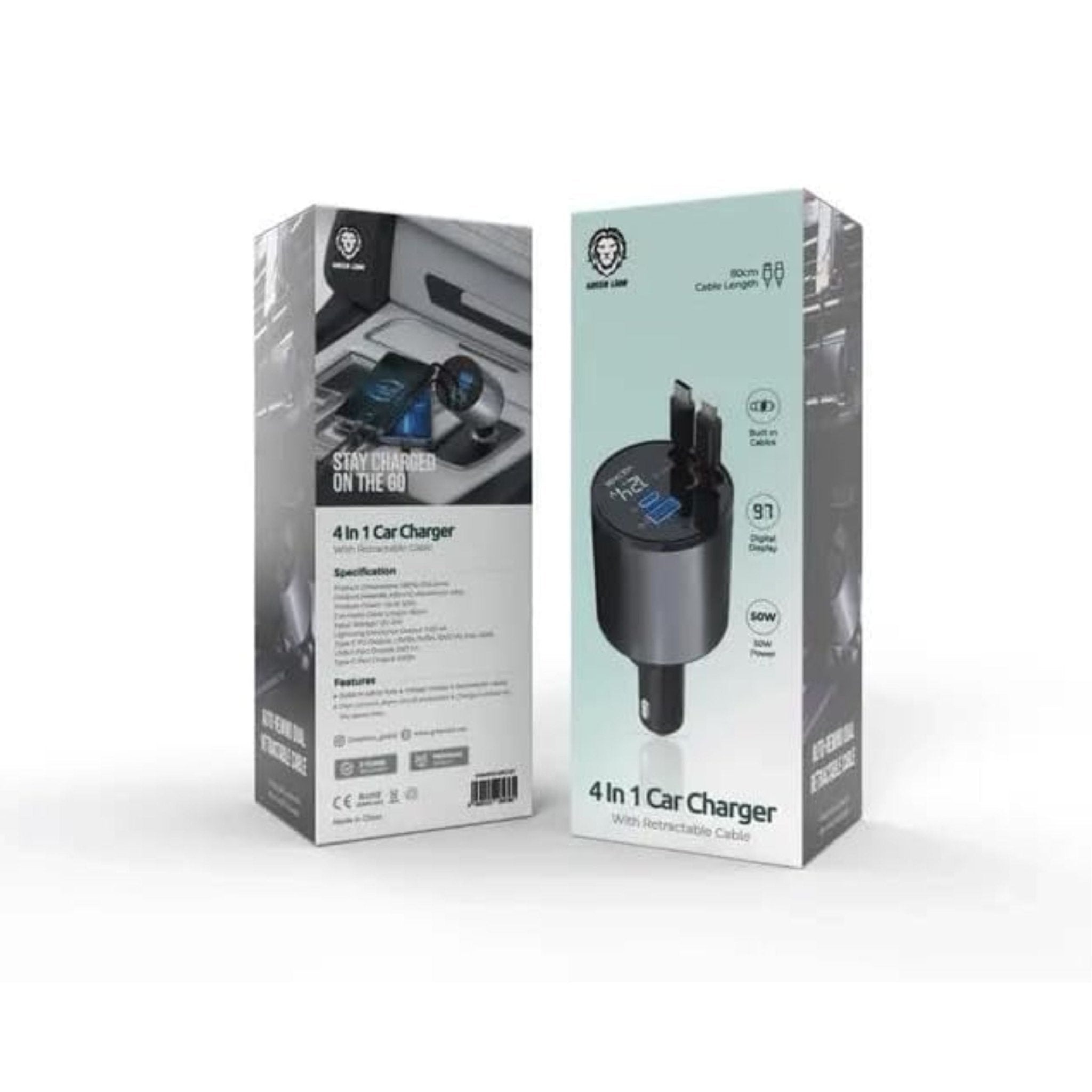 Green Lion 4 in 1 Retractable 50W Car Charger - Gray