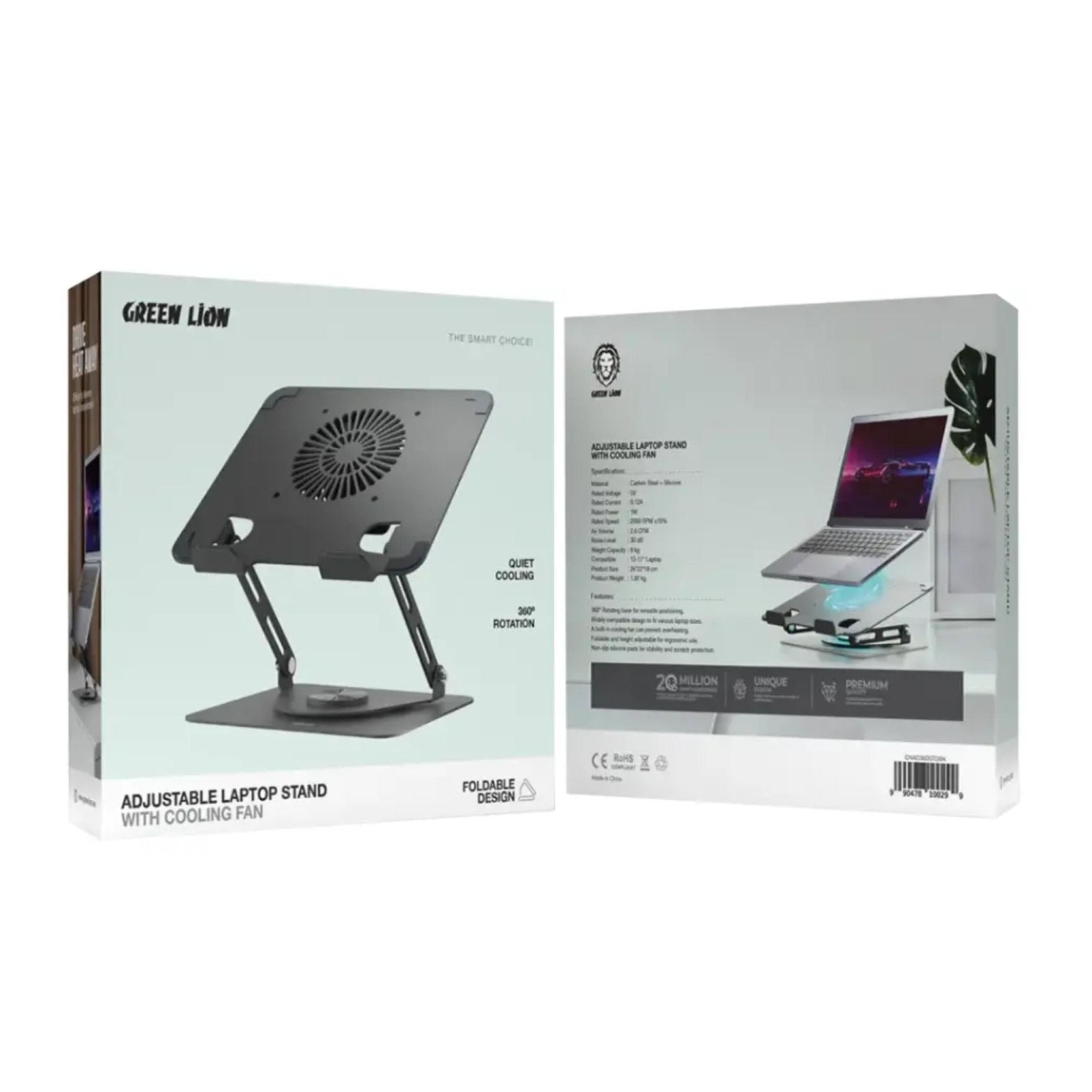 Green Lion Adjustable Laptop Stand with Cooling Fan - Black