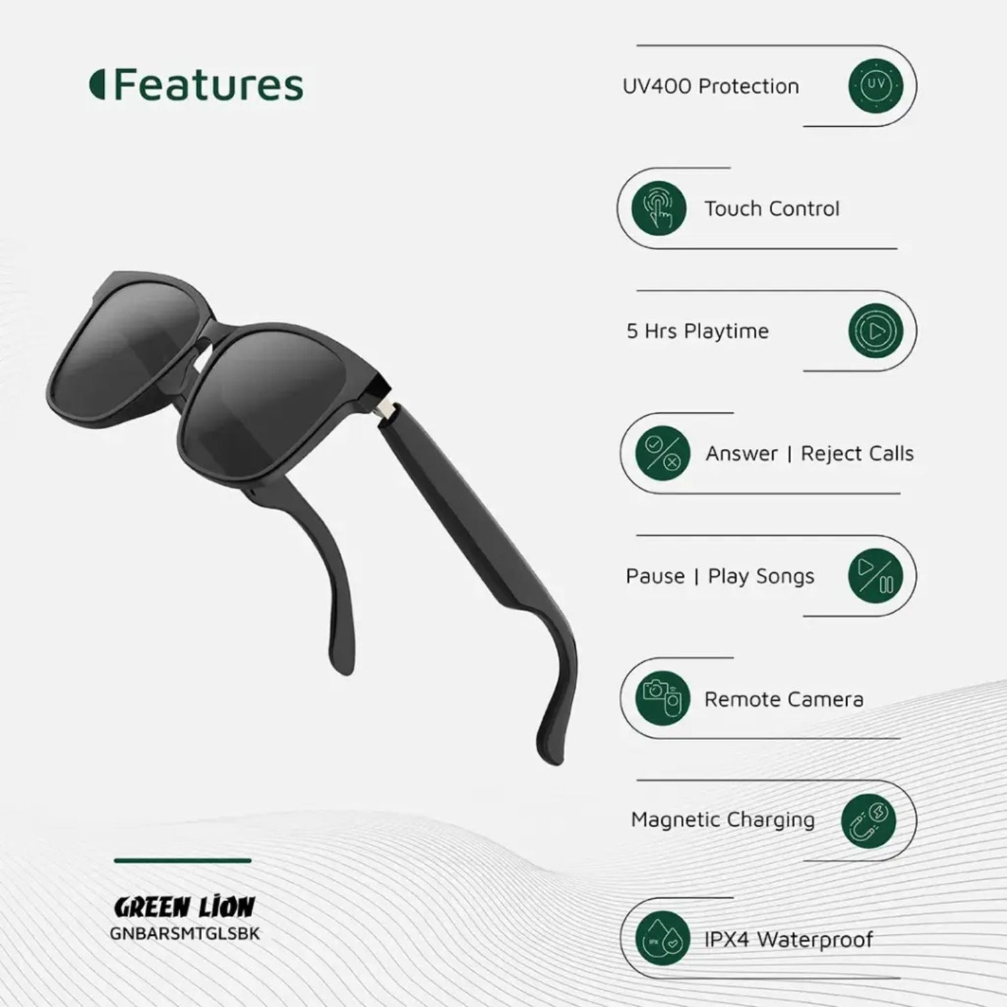 Green Lion Barcelona UV400 Protection Smart Glasses - Black