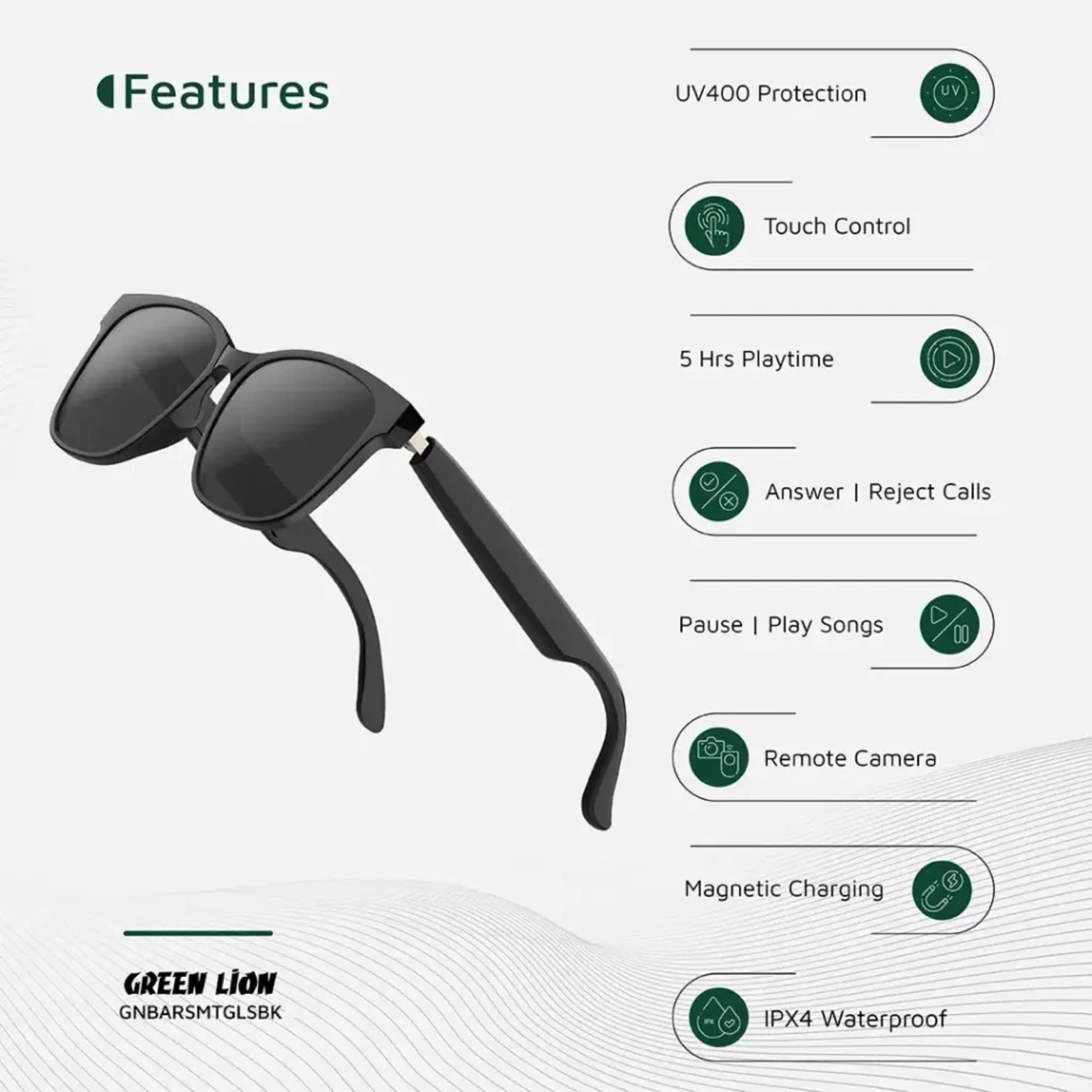 Green Lion Barcelona UV400 Protection Smart Glasses - Black