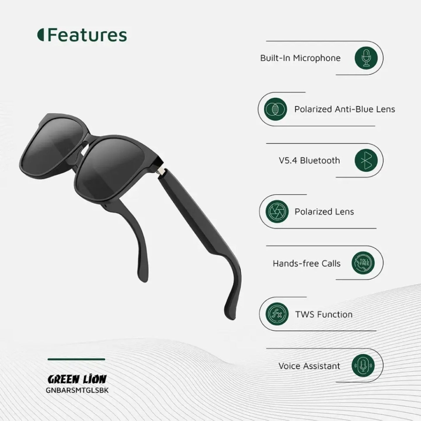 Green Lion Barcelona UV400 Protection Smart Glasses - Black