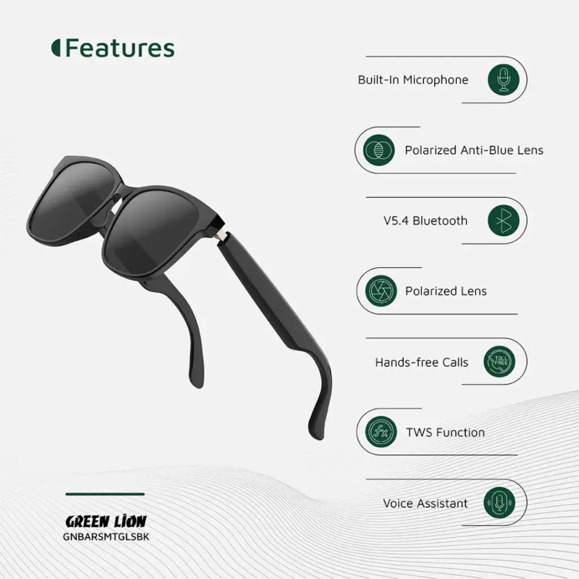 Green Lion Barcelona UV400 Protection Smart Glasses - Black