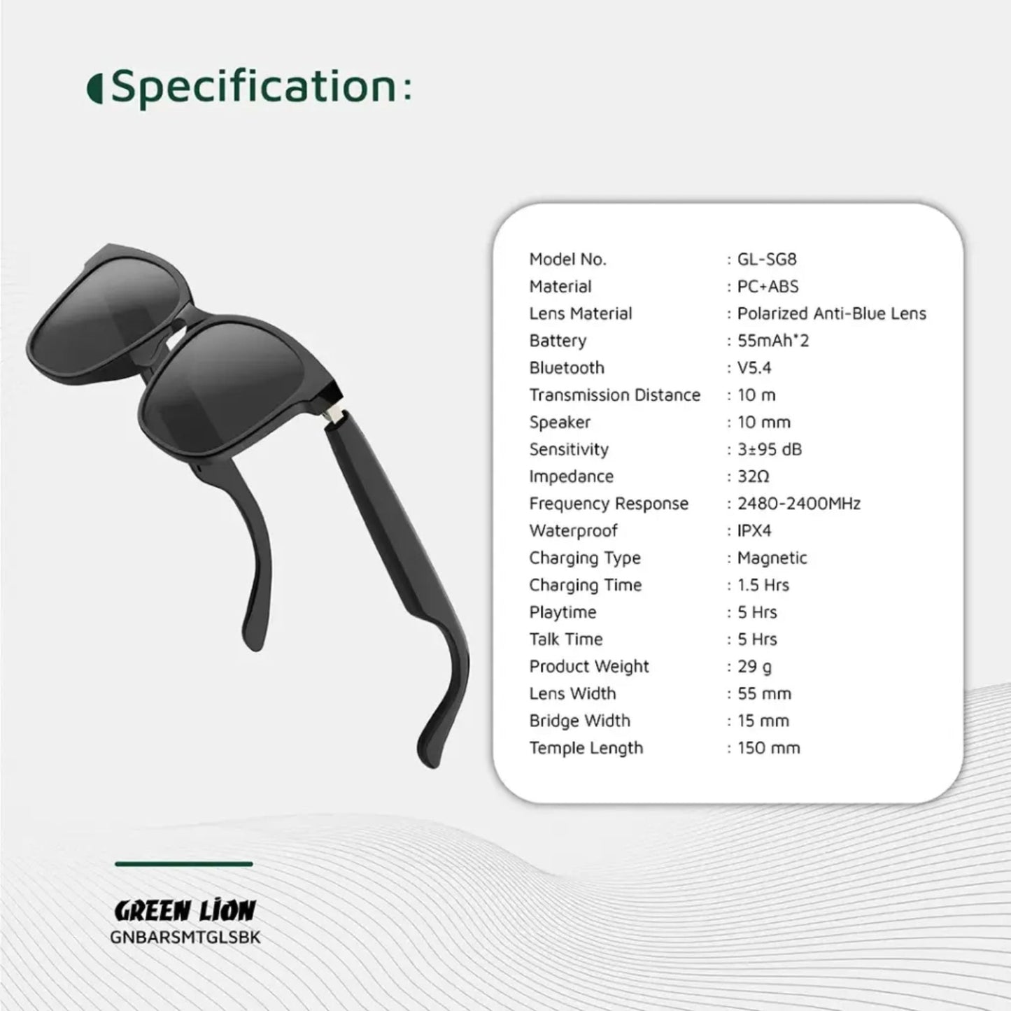 Green Lion Barcelona UV400 Protection Smart Glasses - Black