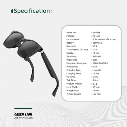 Green Lion Barcelona UV400 Protection Smart Glasses - Black