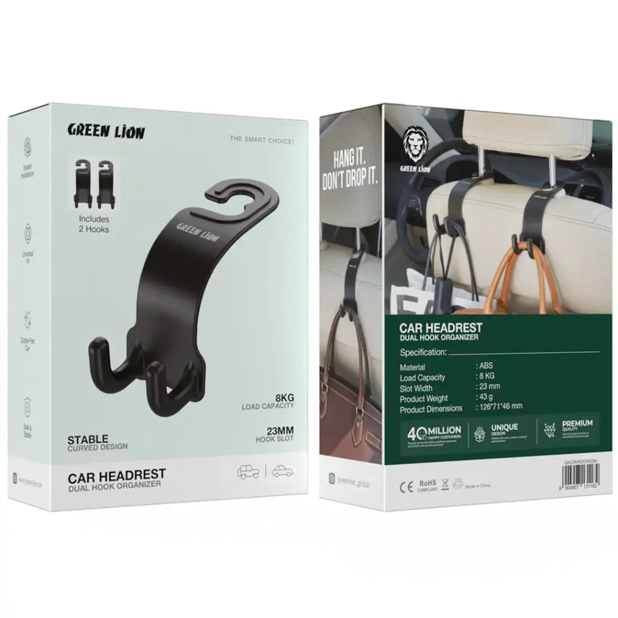 Green Lion Dual Hook Car Headrest Organizer - Black