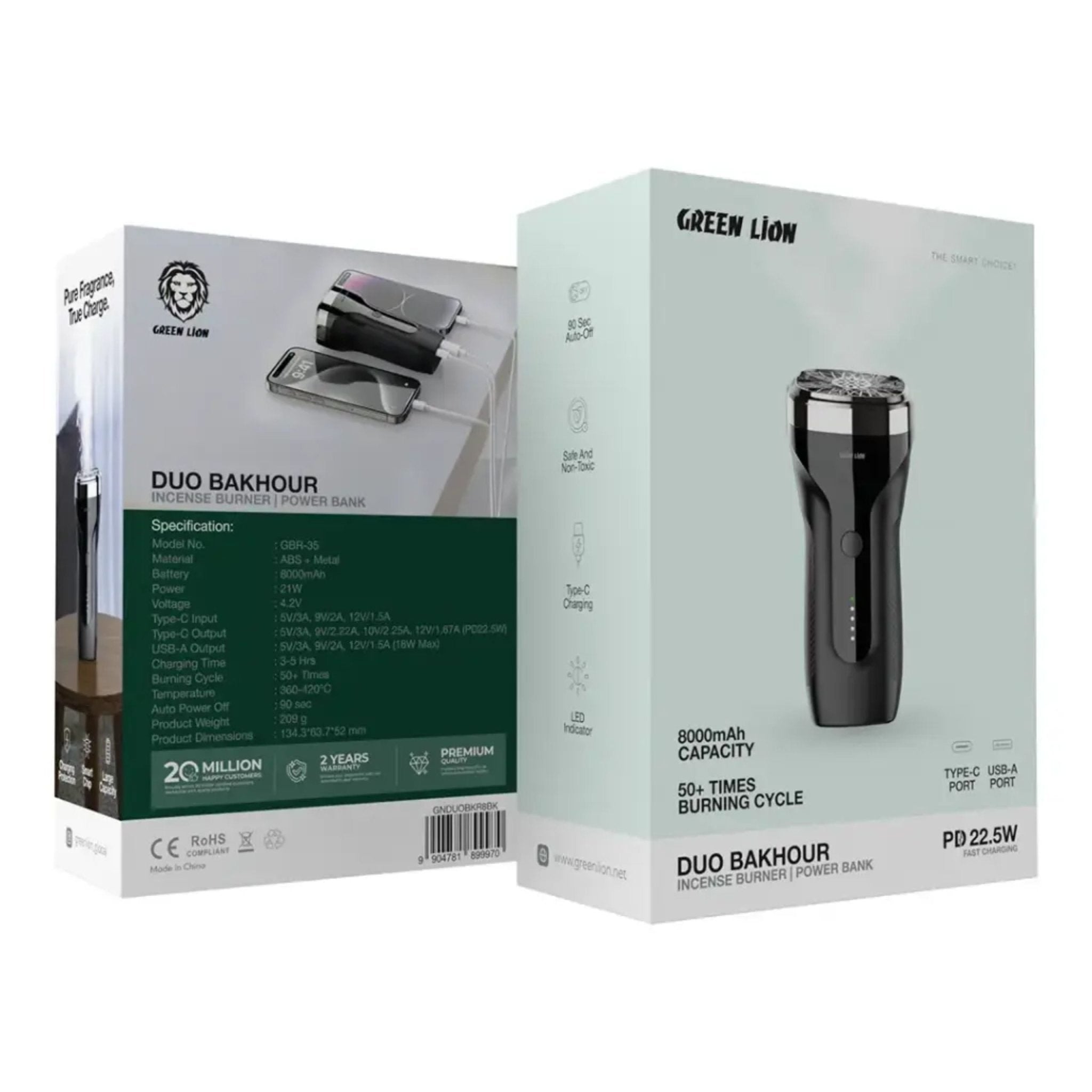 Green Lion Duo Bakhour with 8000mAh Power Bank PD 22.5W - Black