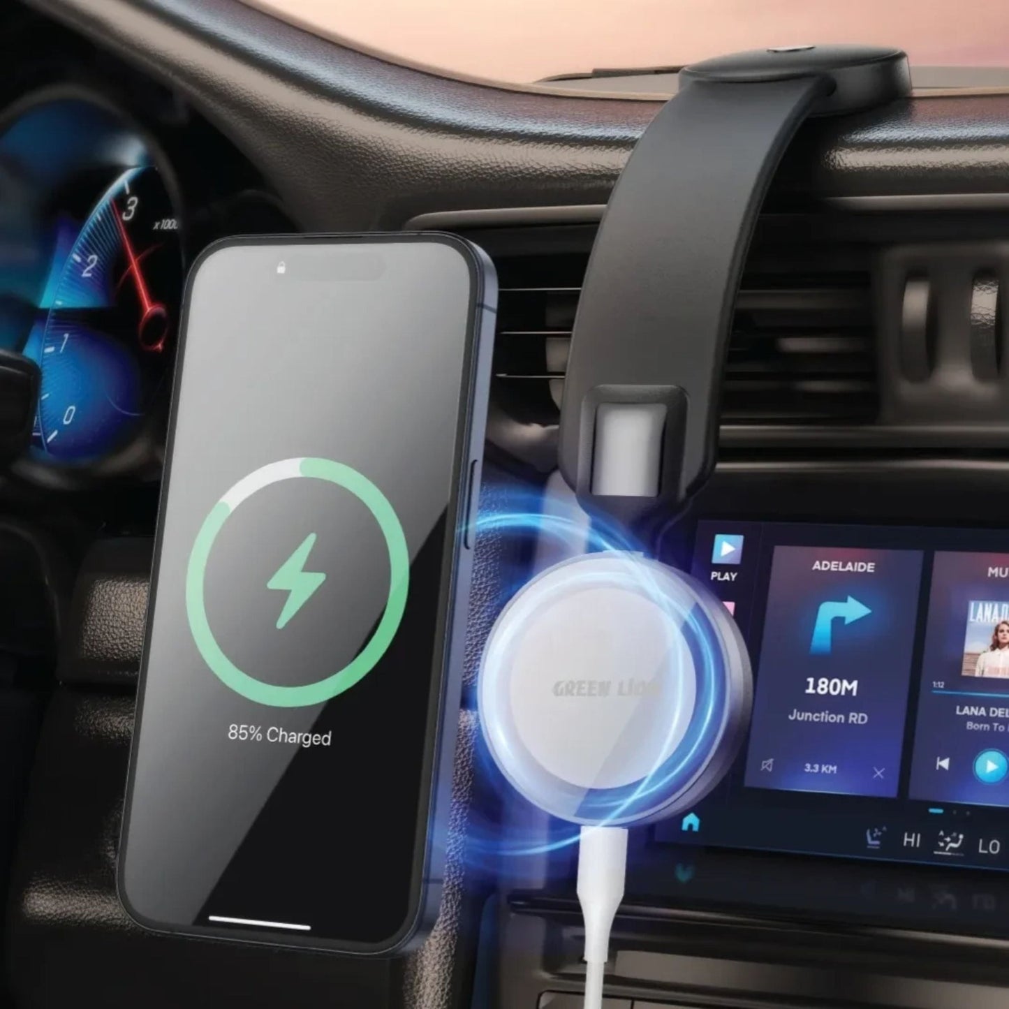 Green Lion Flexi Mag Pro 360° Car Phone Holder With 15W Wireless Charging - Black