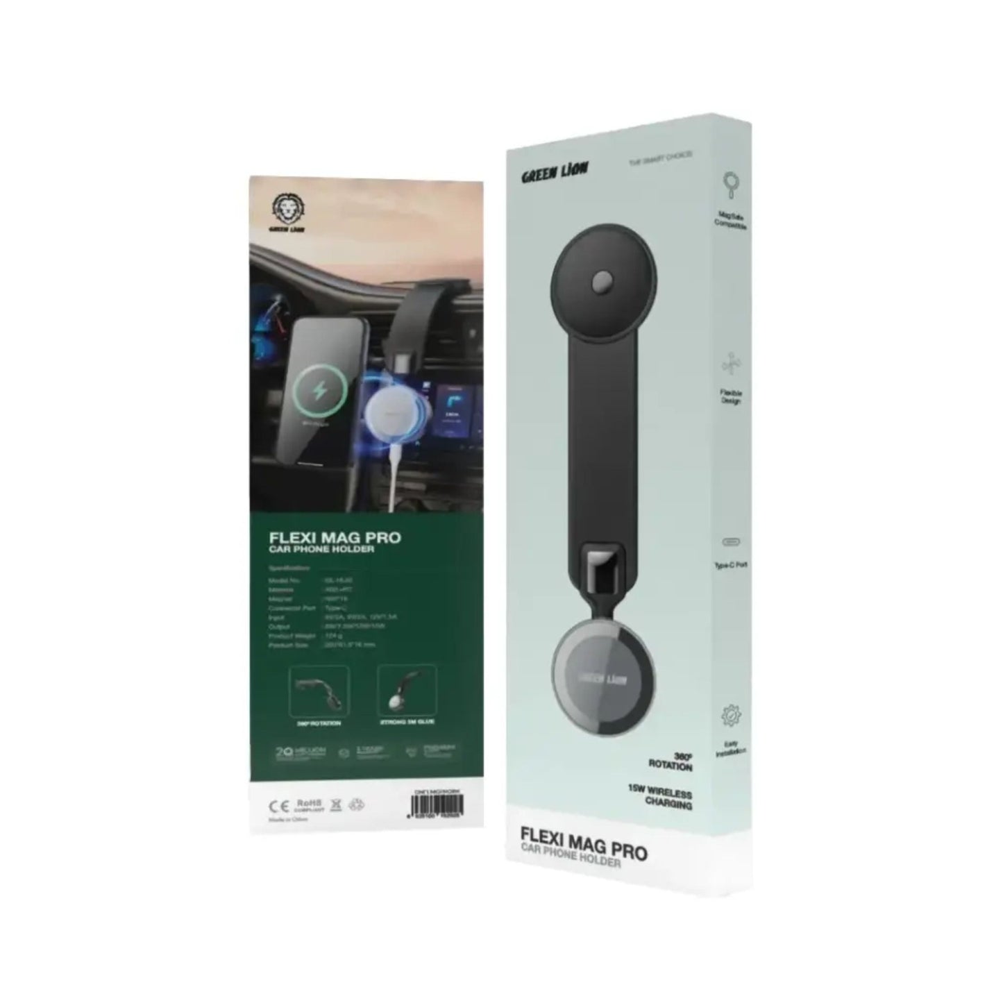Green Lion Flexi Mag Pro 360° Car Phone Holder With 15W Wireless Charging - Black