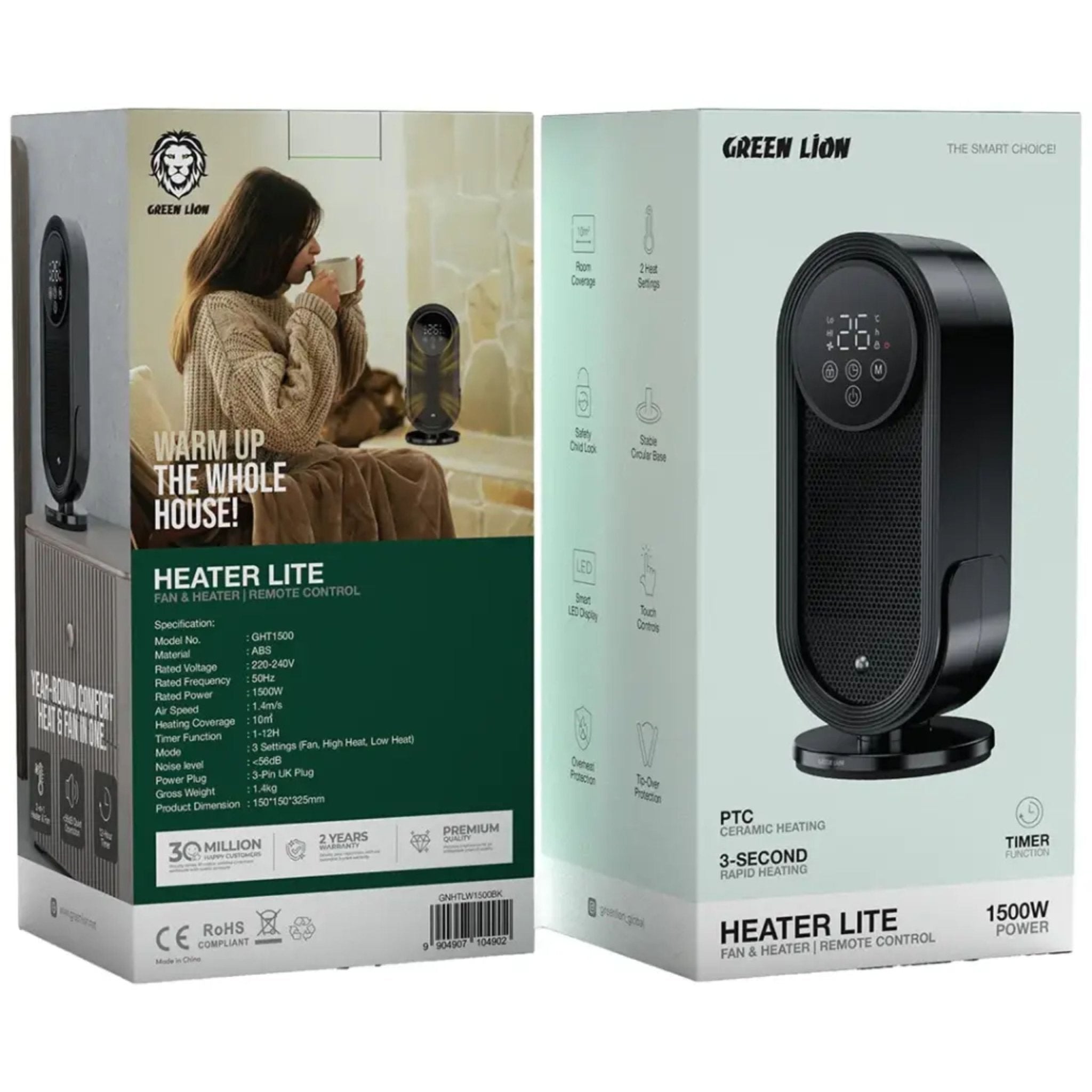 Green Lion Heater Lite Fan and Heater with Remote Control - Black