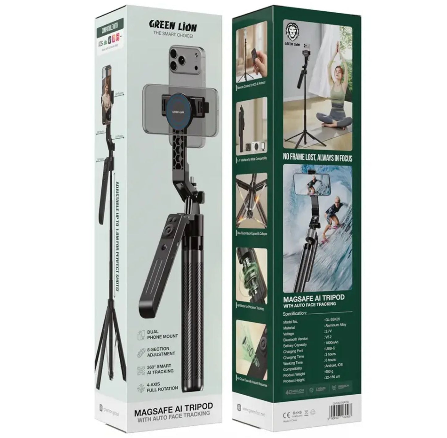 Green Lion MagSafe AI Tripod With Auto Face Tracking - Black