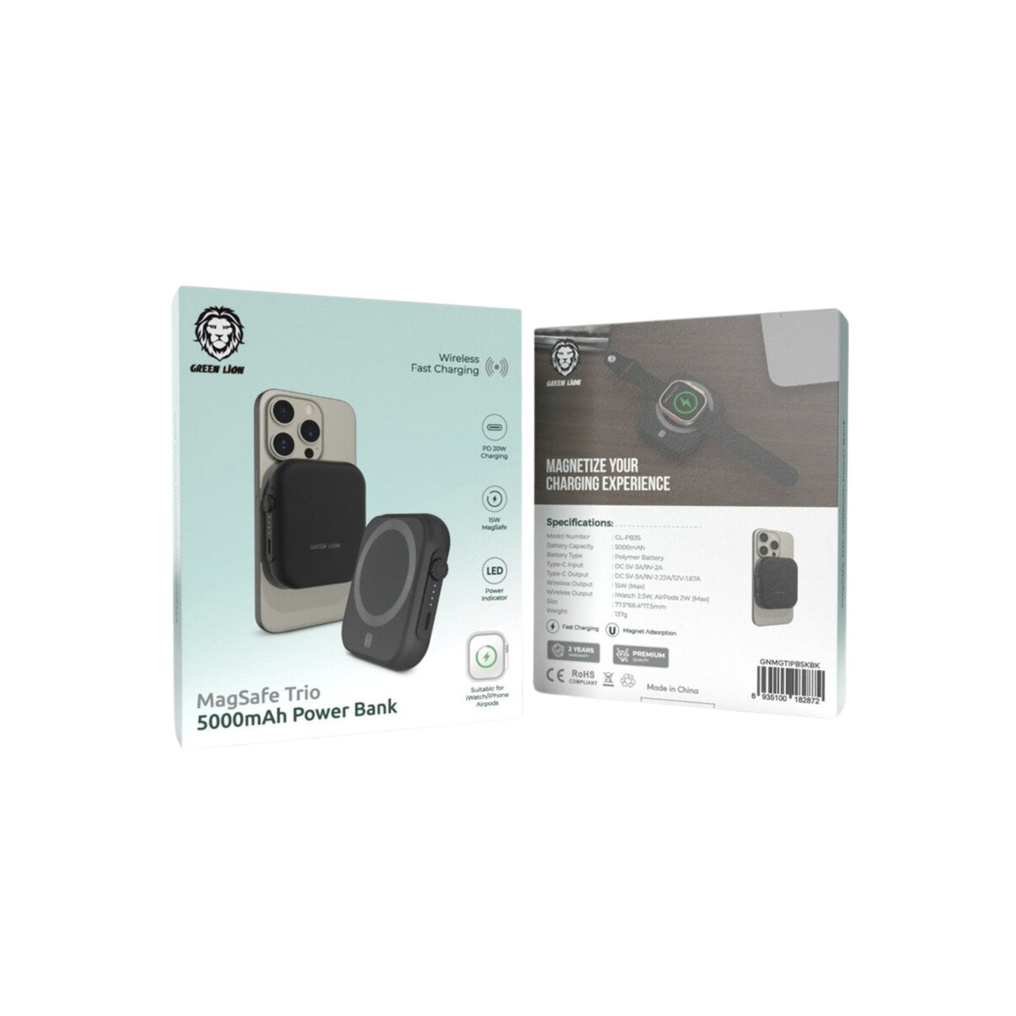 Green Lion MagSafe Trio Power Bank 5000mAh PD 20W - Black