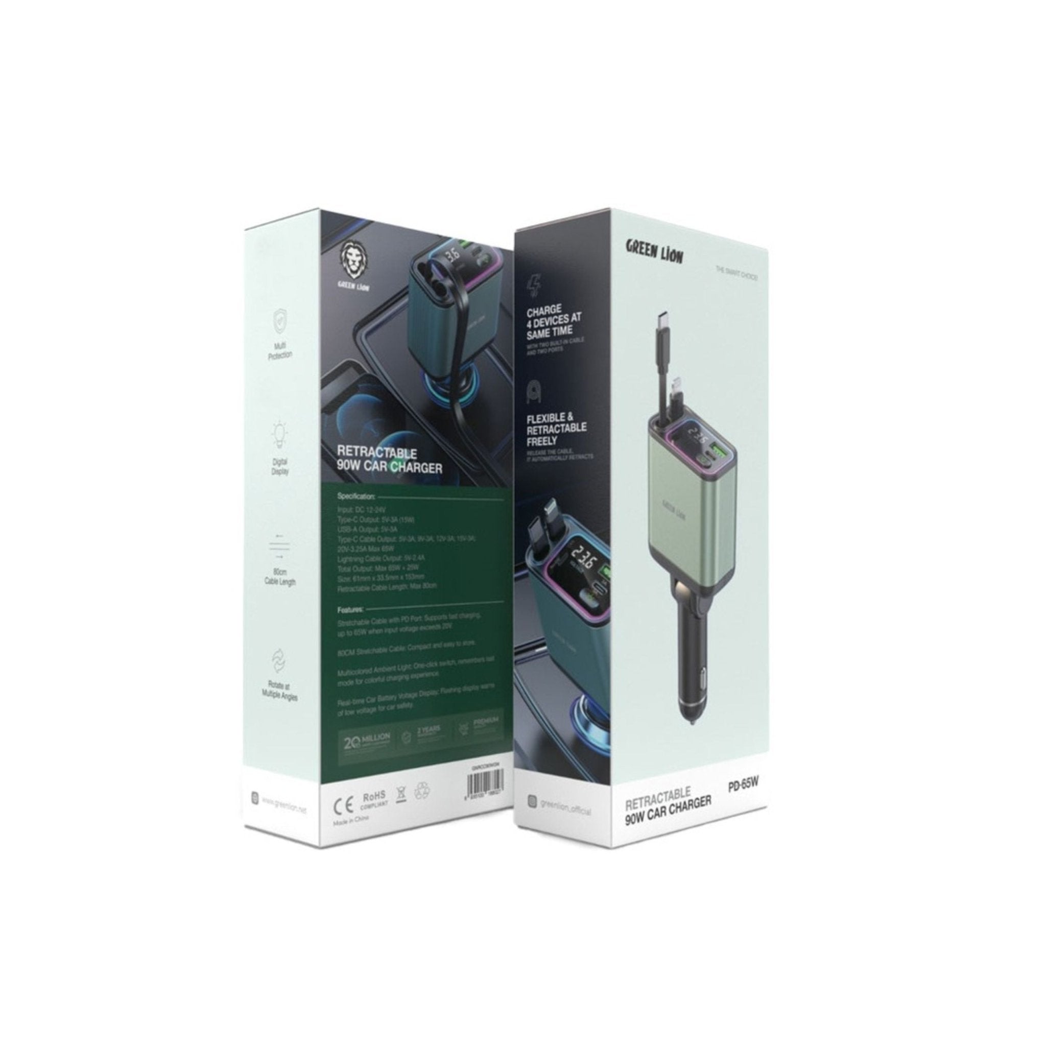Green Lion Retractable 90W Car Charger - Green