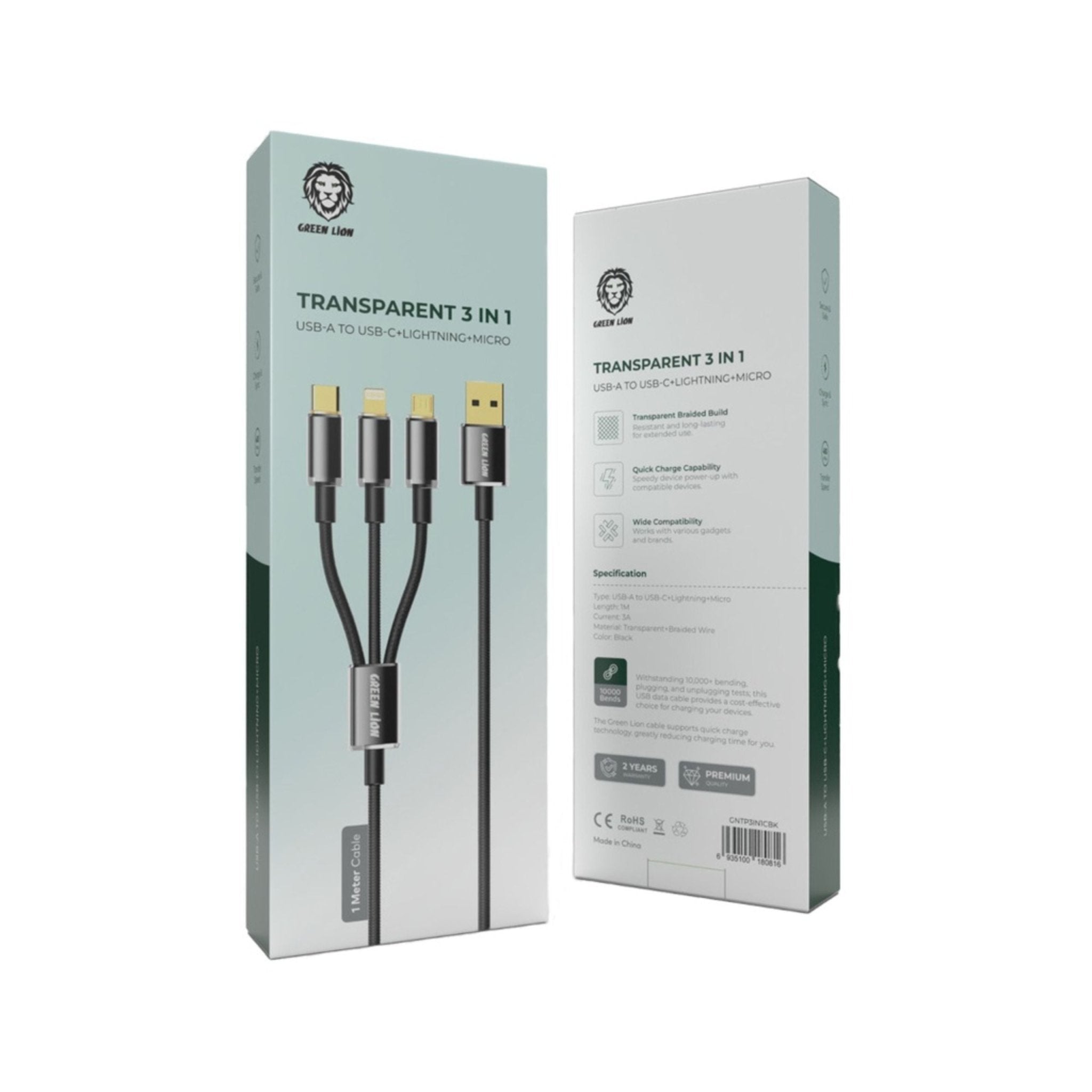 Green Lion Transparent 3 in 1 Braided Cable (USB-C / Lightning / Micro) 1M - Black