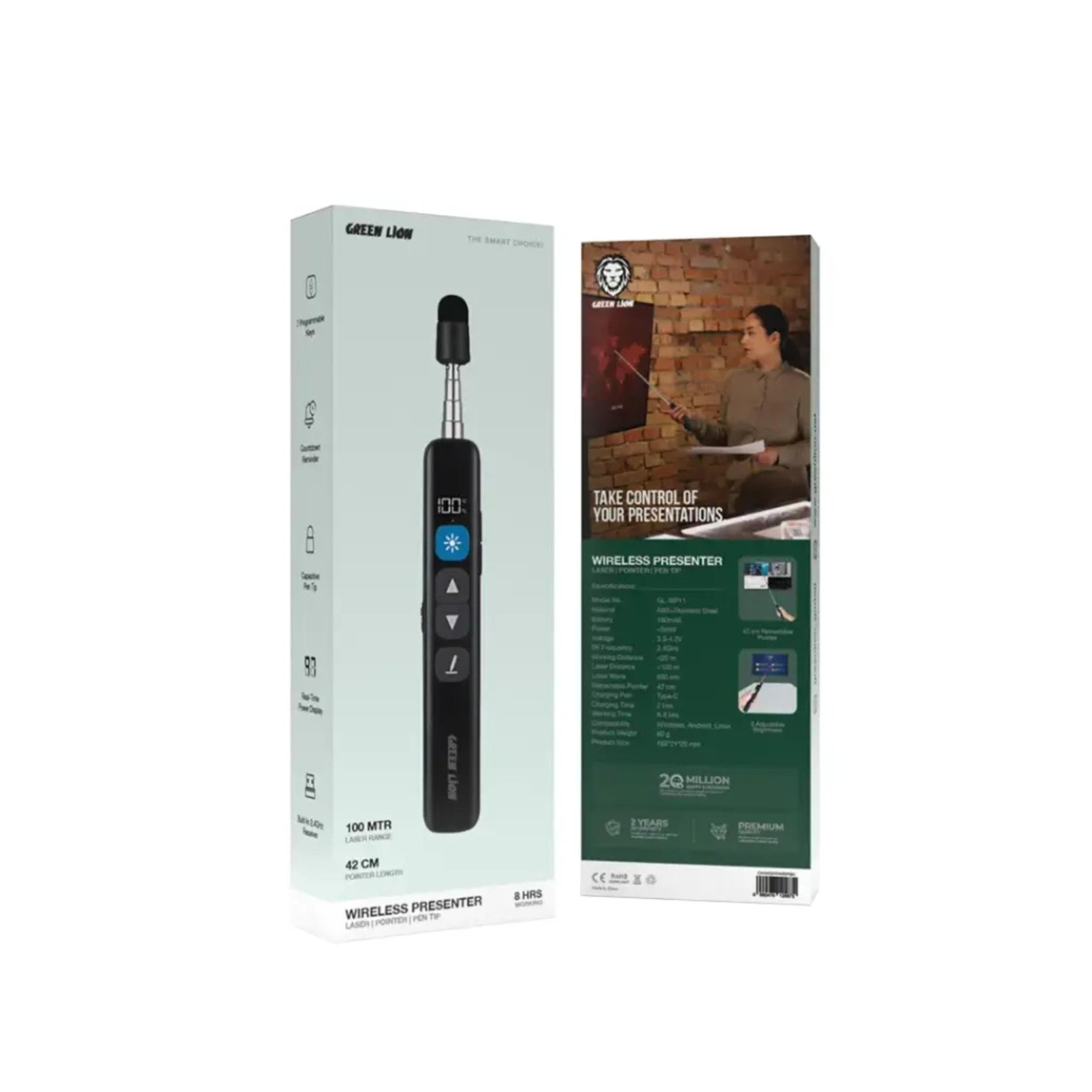 Green Lion Wireless Presenter with Retractable Pointer - Black