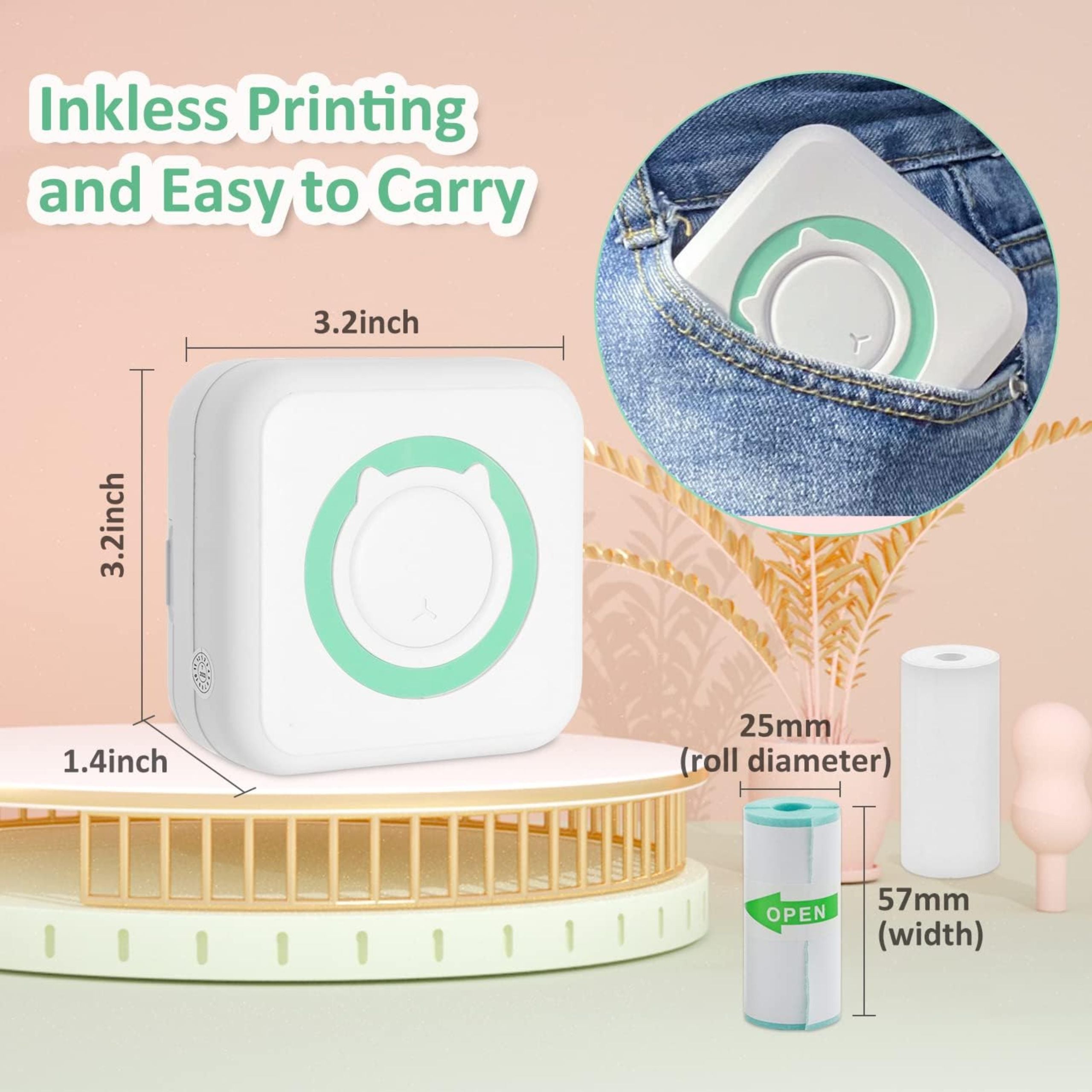 HD Portable Pocket Bluetooth Connect Mini Printer - Green