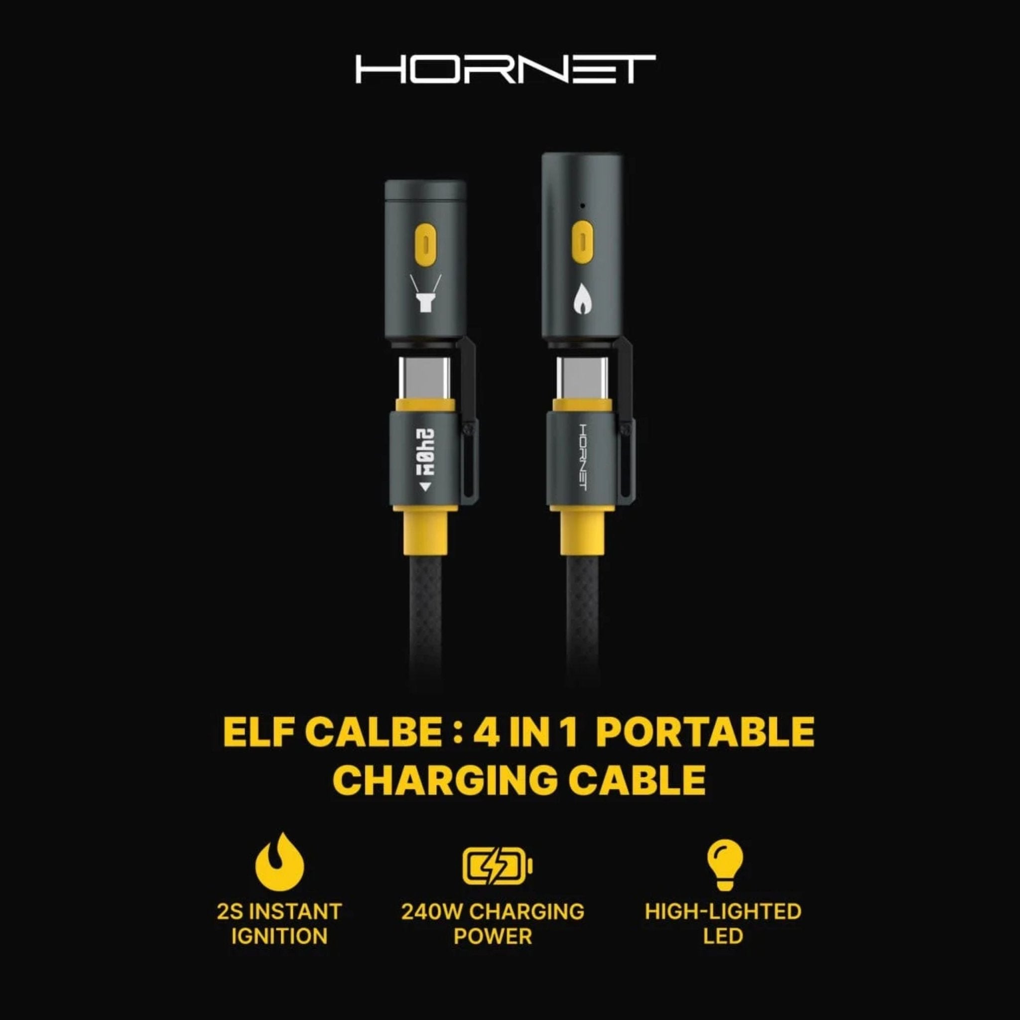 HORNET 240W Turbo Charging Cable (Cable + Lighter + Flashlight) - Black