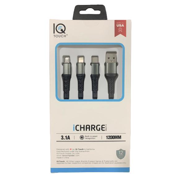 IQ TOUCH 3 in1 3.1A Fast Charge USB Cable 1.2M - Black