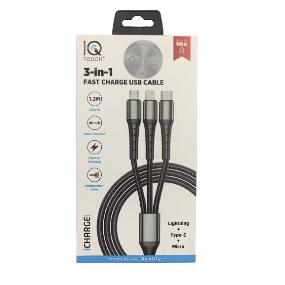 IQ TOUCH 3 in1 3.1A Fast Charge USB Cable 1.2M - Black