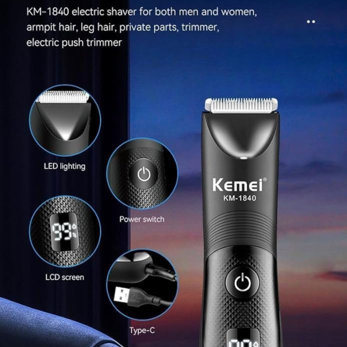 Kemei Professional Lady Secret Trimmer IPX7 LCD Display KM-1840 - Black