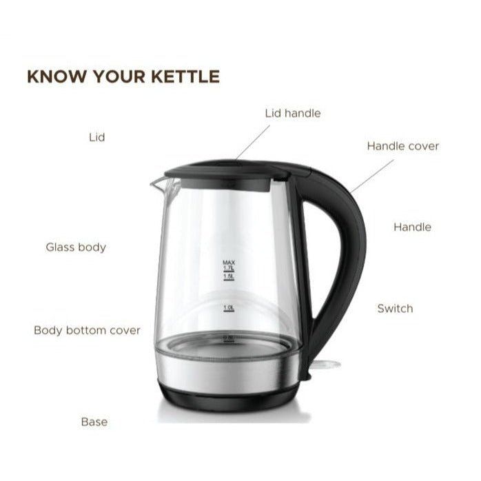 LePresso 360 Transparent Quick-Boil Glass Kettle 1.7L 2200W (LPRGKTBK) - Black