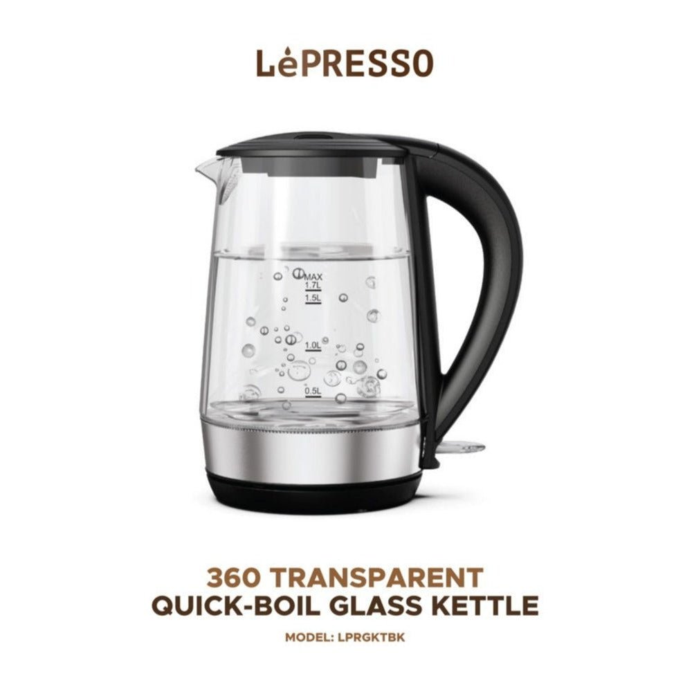 LePresso 360 Transparent Quick-Boil Glass Kettle 1.7L 2200W (LPRGKTBK) - Black