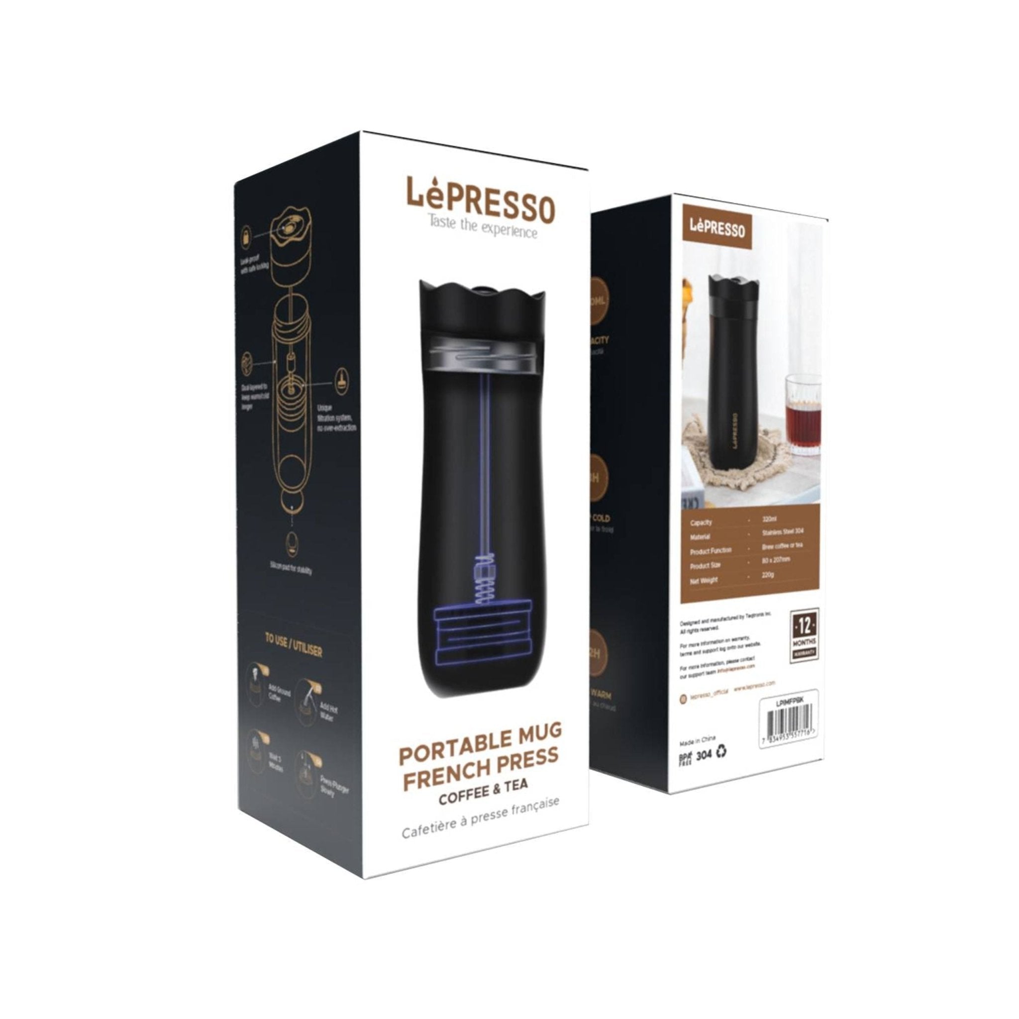 LePresso Insulated Portable Mug with French Press 320ml - Black