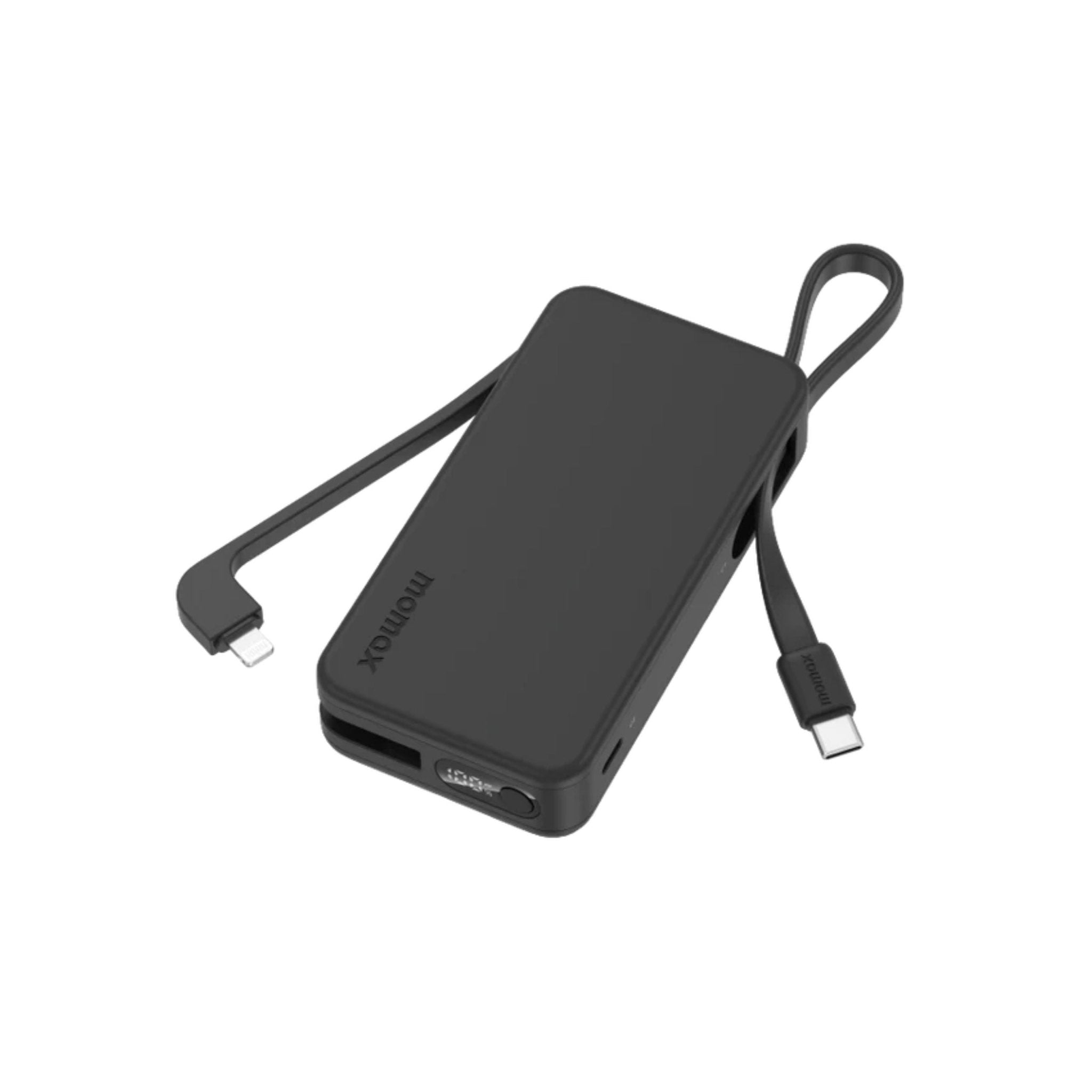 MOMAX 1-Power Vital+ 30W Fast Charging 10000mAh Power Bank with Dual Built In Type-C and Lightning Cable - Black