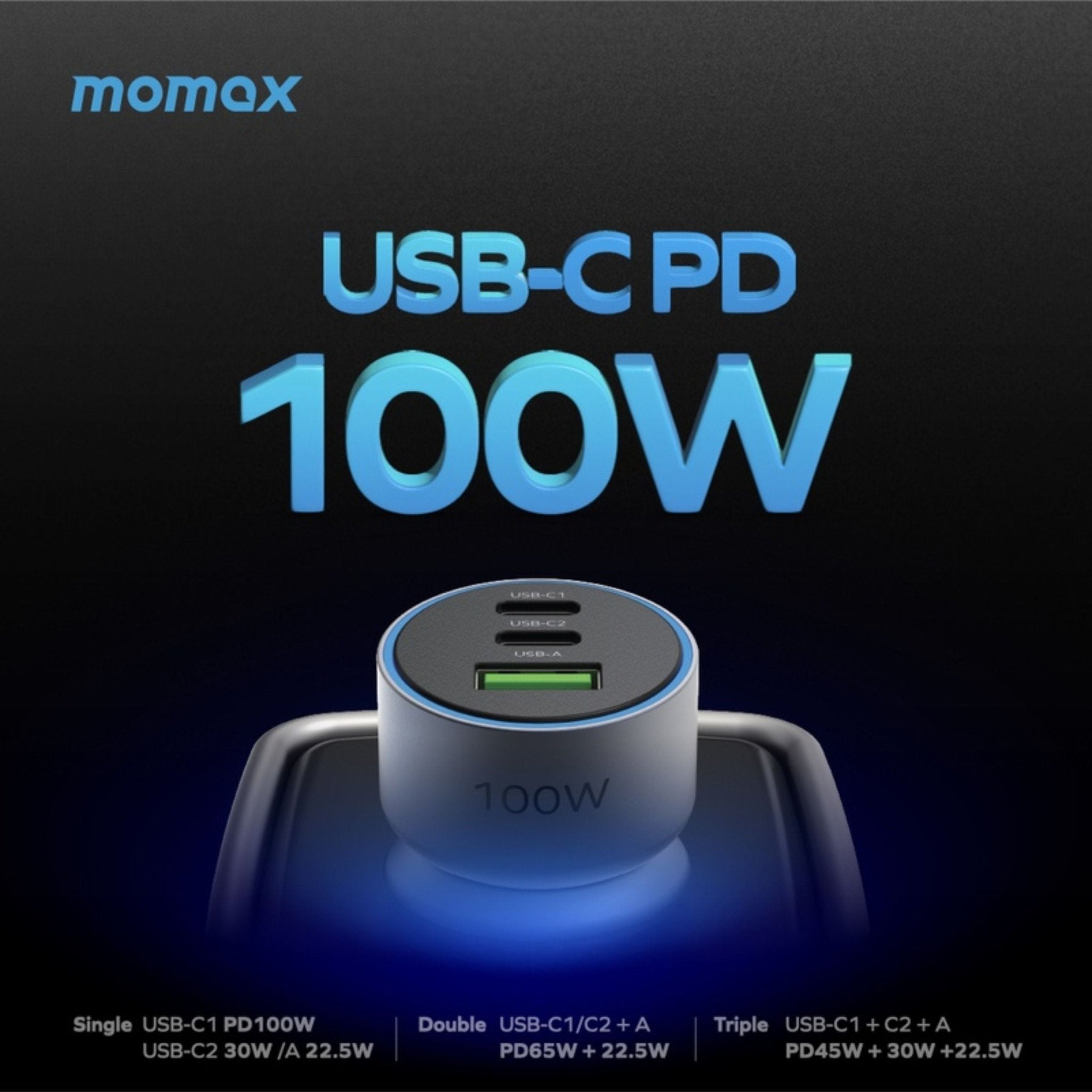 MOMAX MoVe 100W Tri-Port Fast Car Charger UC17E - Gray