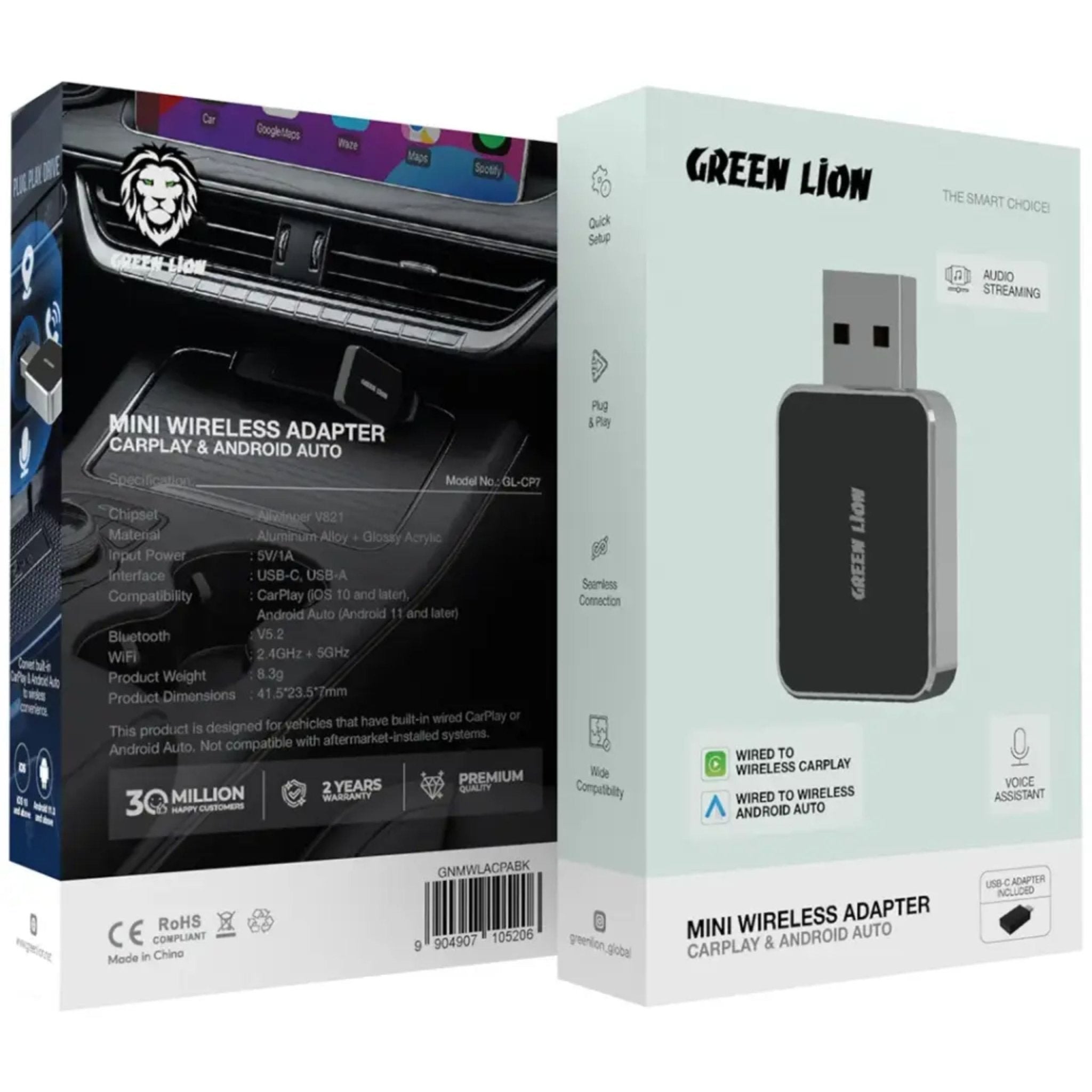 Mini Green Lion Wireless Adapter for CarPlay and Android Auto - Black