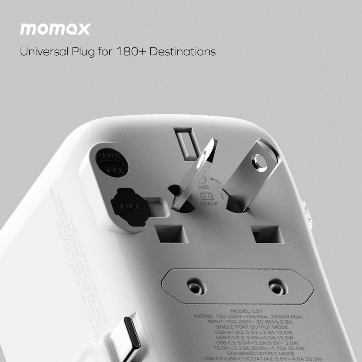Momax 1-World+ Flow PD Global Travel Fast Charging Adapter 35W 4 Port With Built-In USB-C Cable 70cm - White