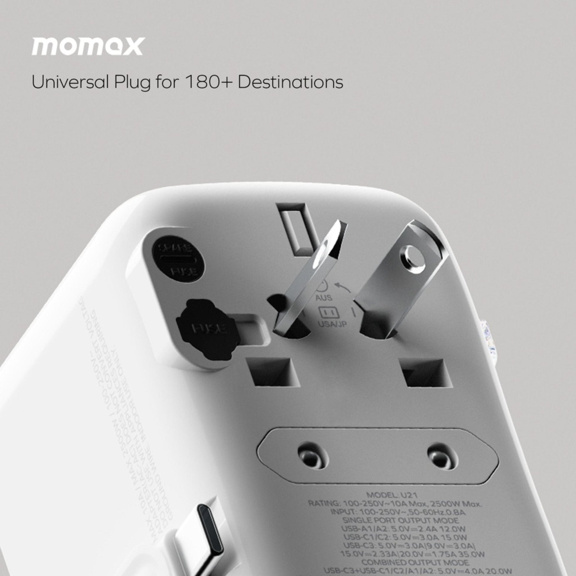 Momax 1-World+ Flow PD Global Travel Fast Charging Adapter 35W 4 Port With Built-In USB-C Cable 70cm - White