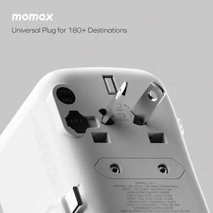 Momax 1-World+ Flow PD Global Travel Fast Charging Adapter 35W 4 Port With Built-In USB-C Cable 70cm - White