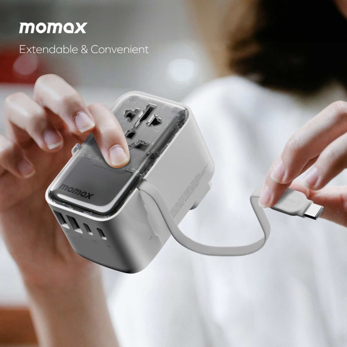 Momax 1-World+ Flow PD Global Travel Fast Charging Adapter 35W 4 Port With Built-In USB-C Cable 70cm - White