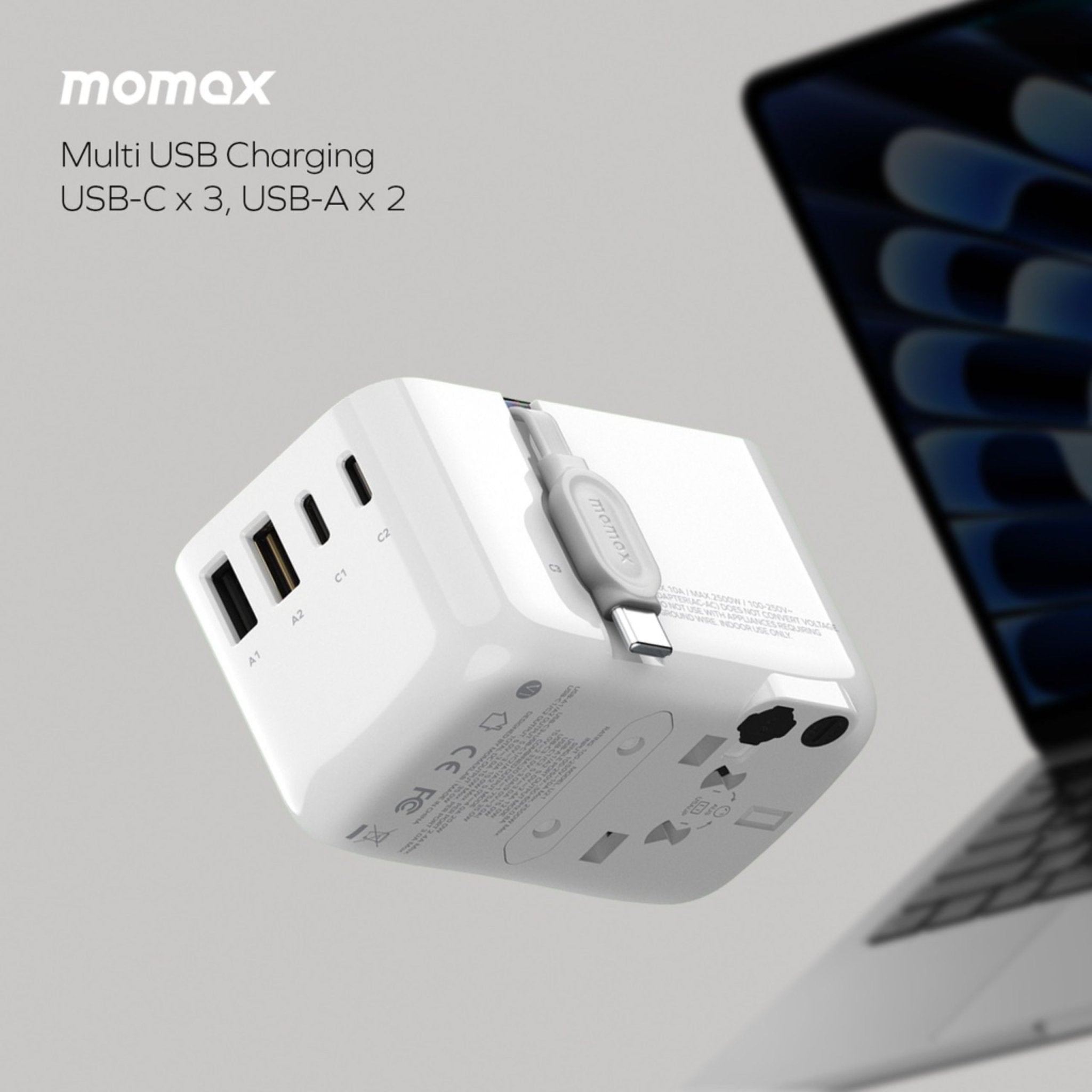 Momax 1-World+ Flow PD Global Travel Fast Charging Adapter 35W 4 Port With Built-In USB-C Cable 70cm - White