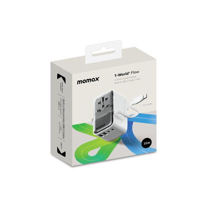 Momax 1-World+ Flow PD Global Travel Fast Charging Adapter 35W 4 Port With Built-In USB-C Cable 70cm - White