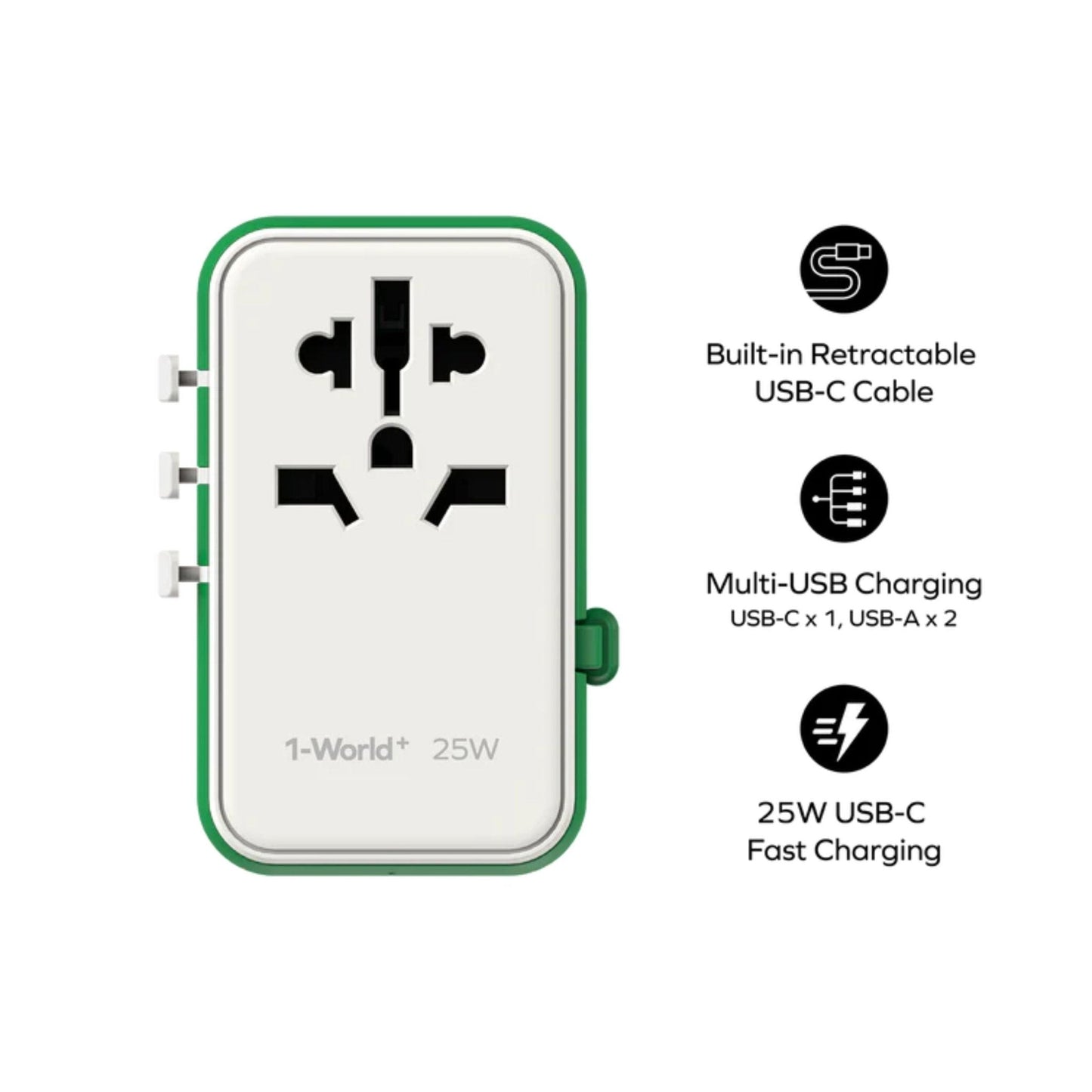 Momax 1-World PD Global Travel Fast Charging Adapter 25W 3 Port With Built-In USB-C Cable 70cm